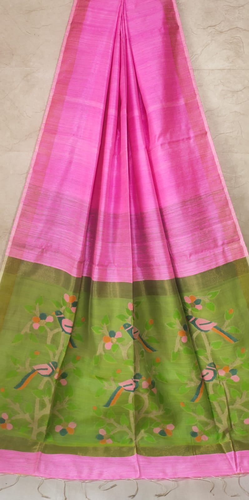 Pink & Green Matka Muslin Jamdani Saree