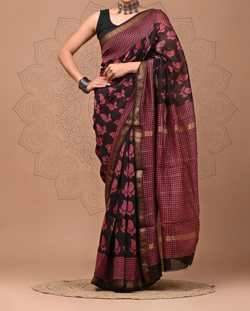 Black & Pink Maheshwari Silk Cotton Saree