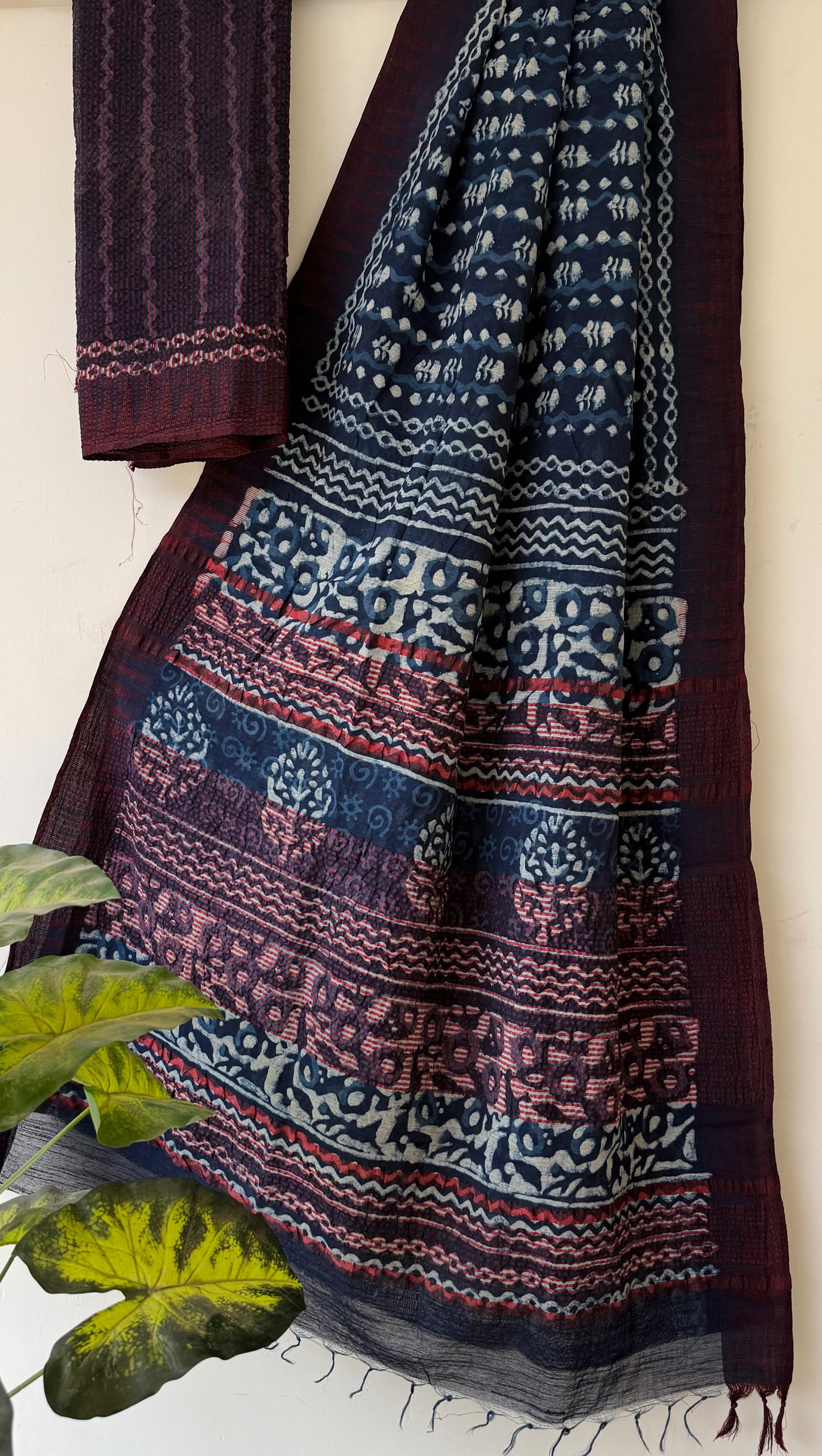 Dark Blue Vanaspati Ajrakh Linen Saree