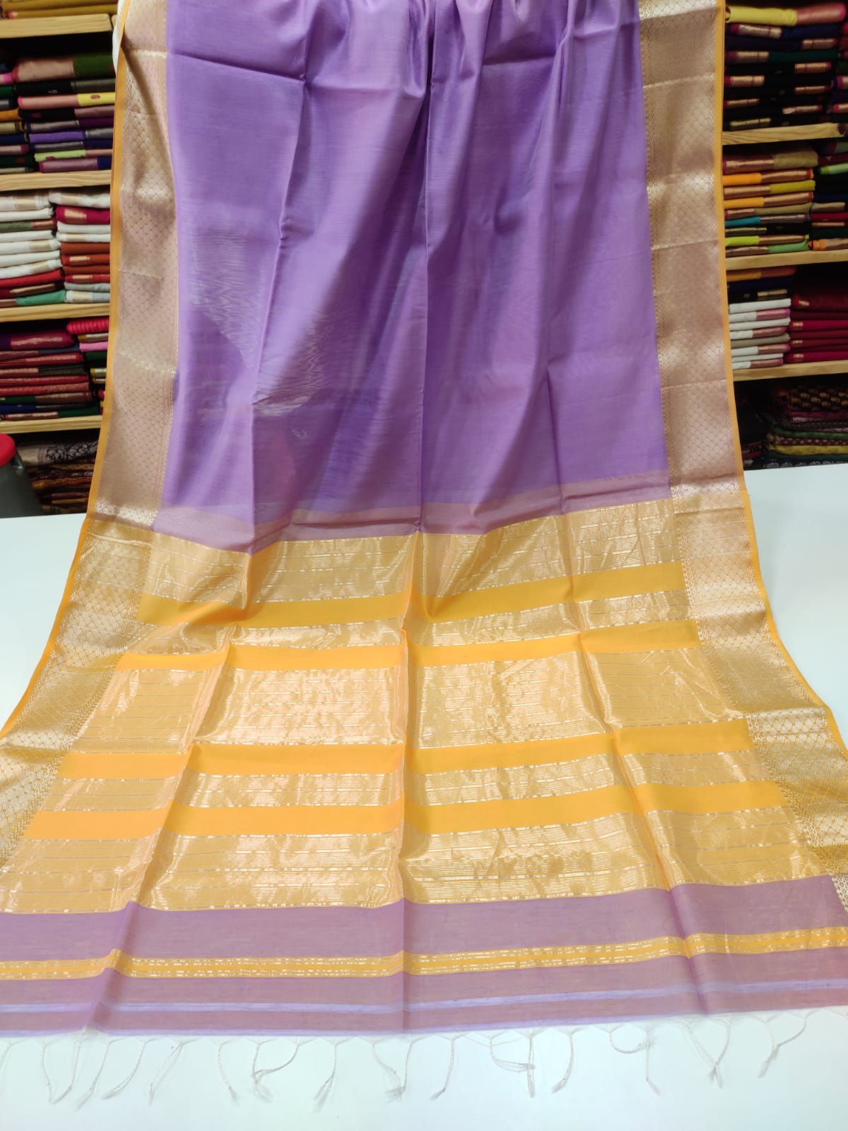 Lavender & Mustard Maheswari Silk Cotton Handloom Saree