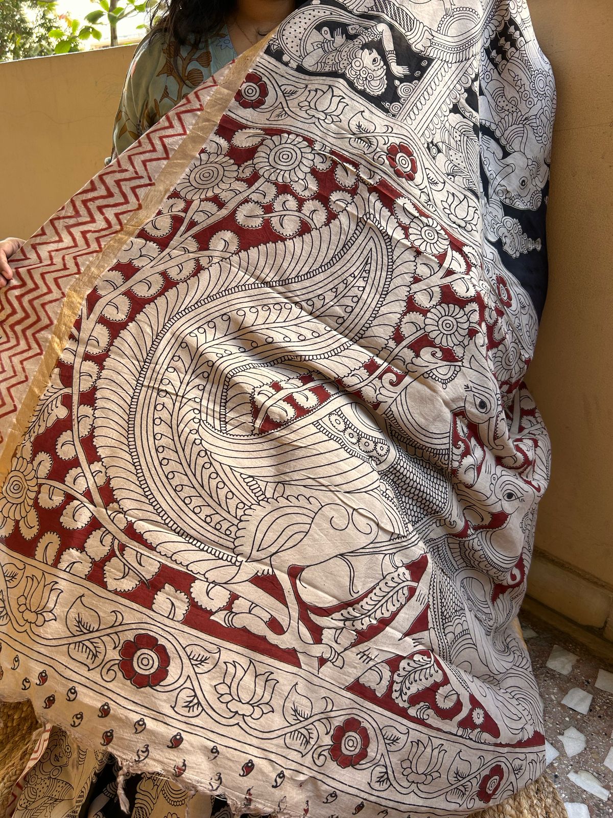 Black & Beige Kalamkari Saree in Chennuri Silk