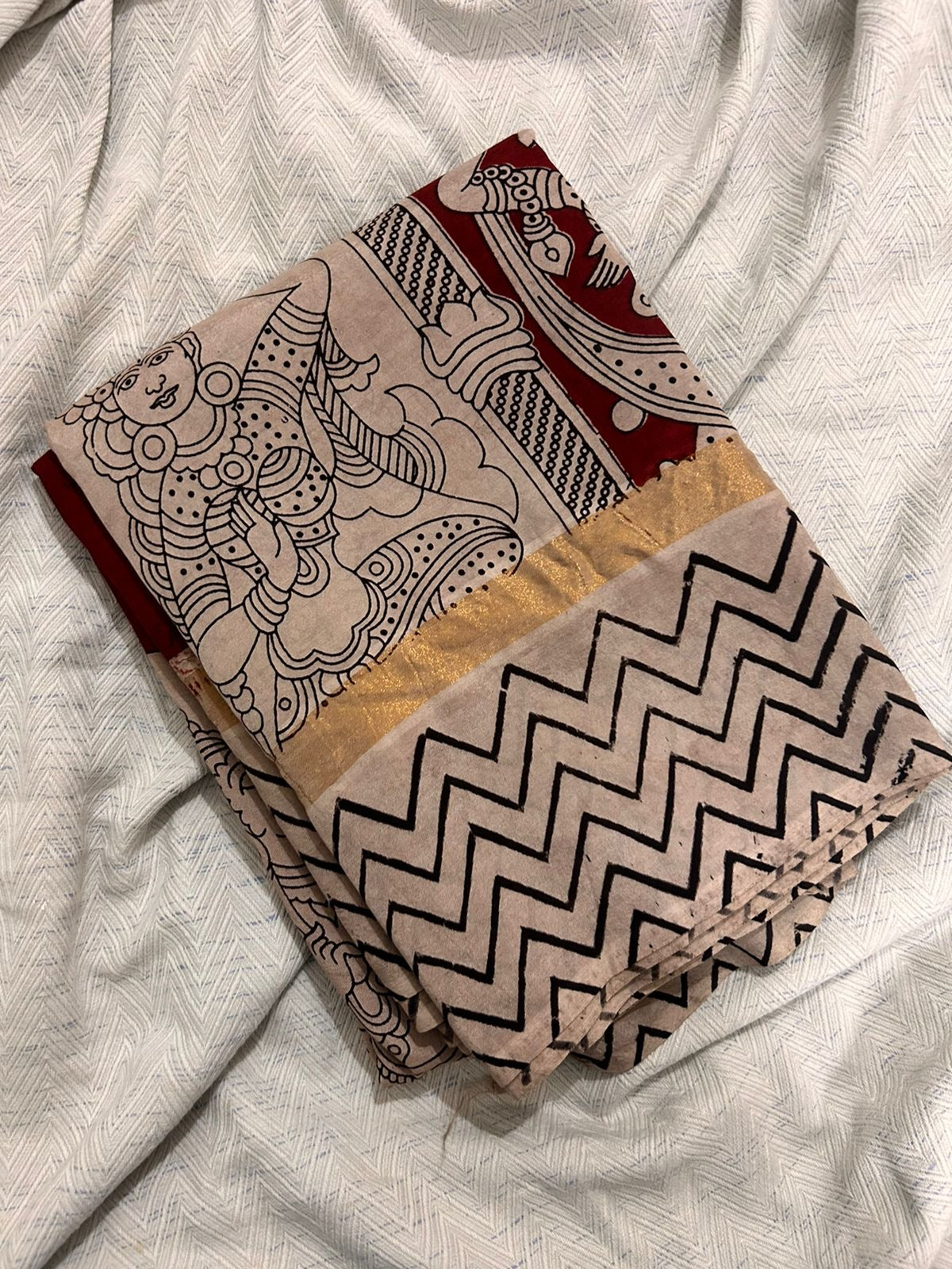 Maroon & Beige Kalamkari Saree in Chennuri Silk