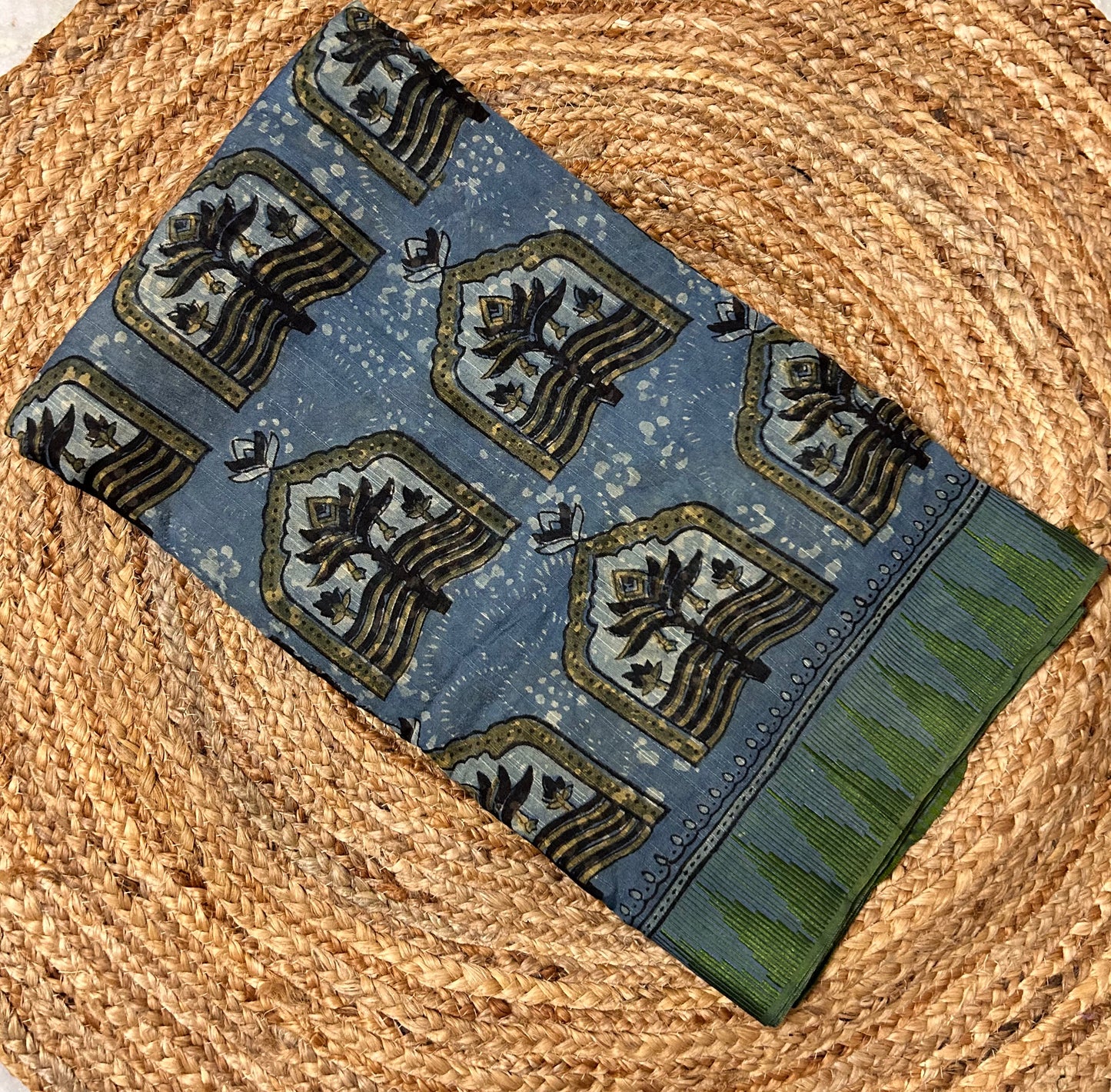 Dusty blue Vanaspati Ajrakh Silk Cotton Saree