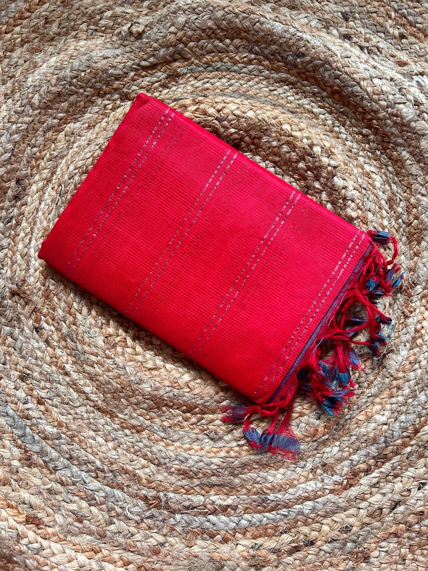 Red & Green Mangalagiri Pattu Saree with Silver Zari Lines