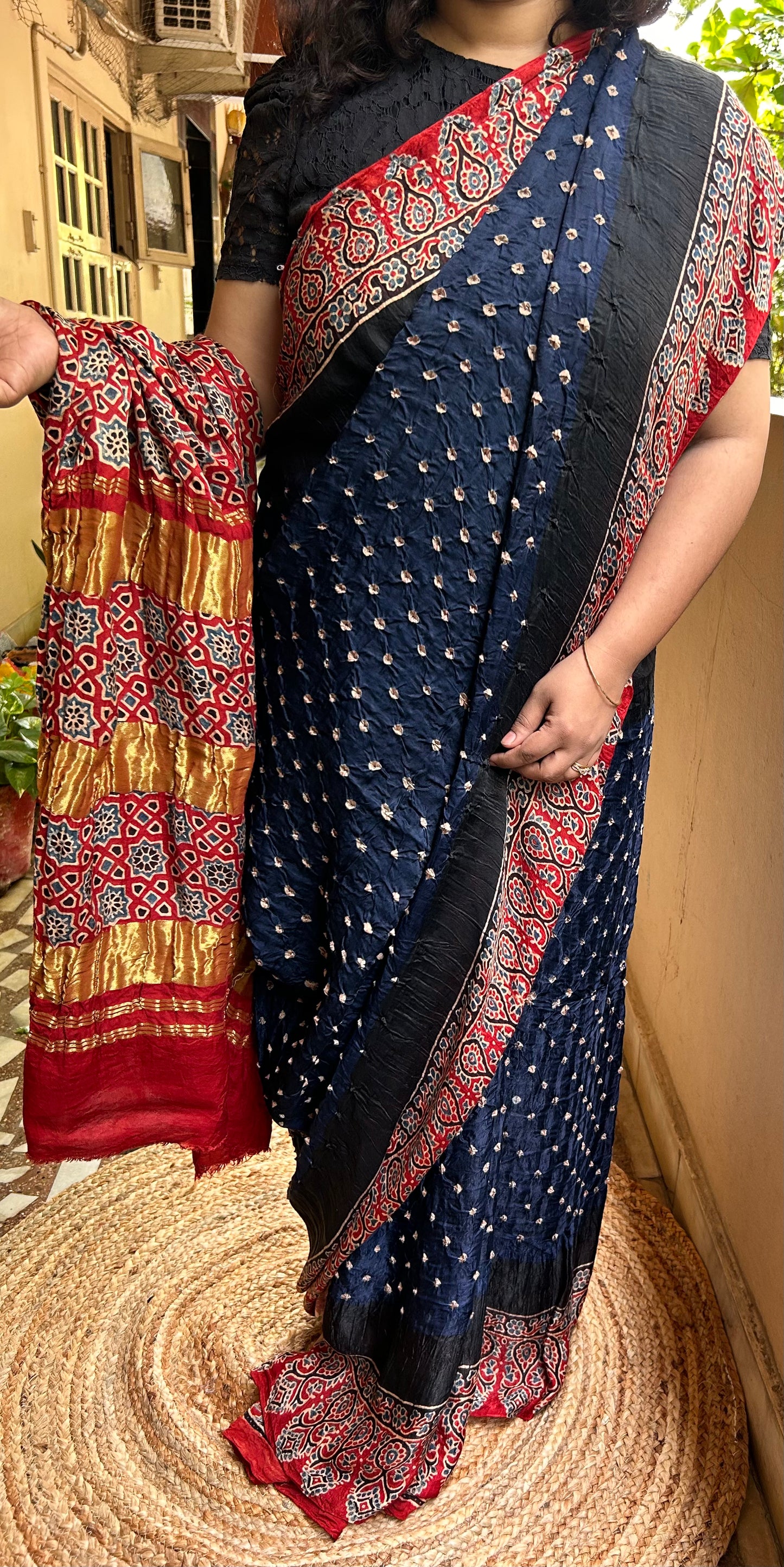 Dark Royal Blue Ajrakh Modal Bandhini Saree