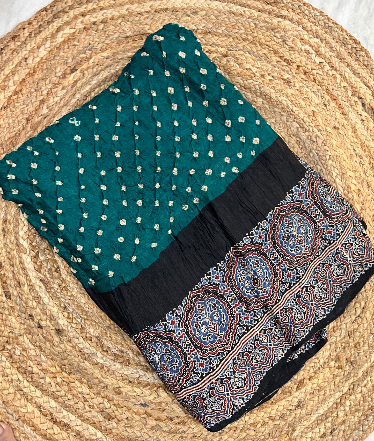 Bottle Green Ajrakh Modal Bandhini Saree