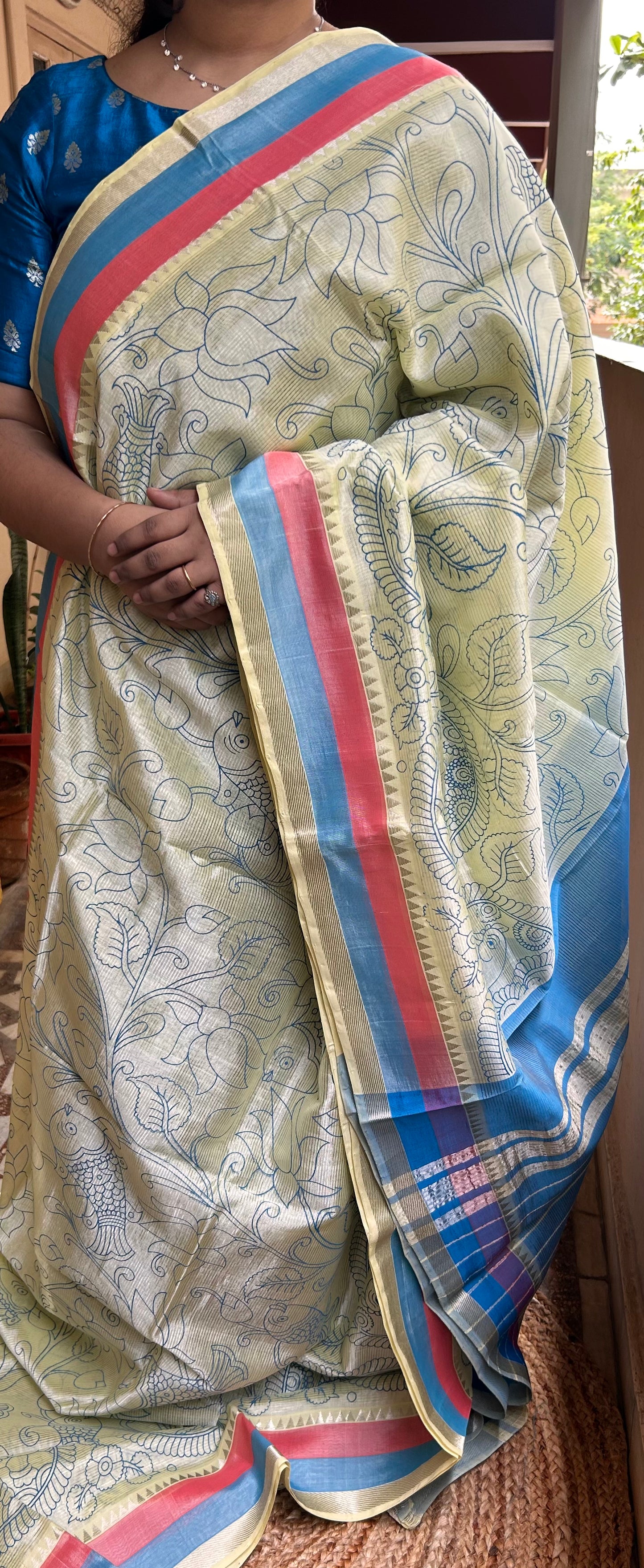 Lime Green Screen Printed Mangalagiri Pattu Saree
