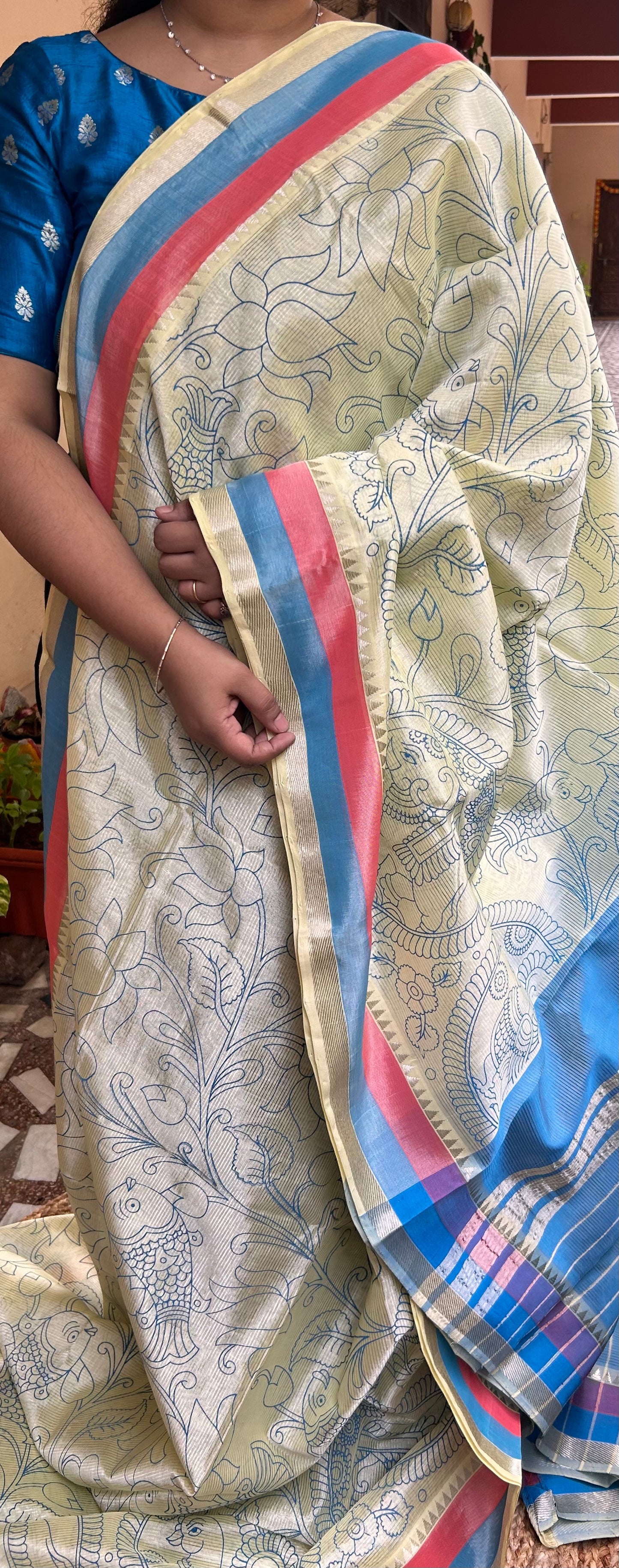 Lime Green Screen Printed Mangalagiri Pattu Saree