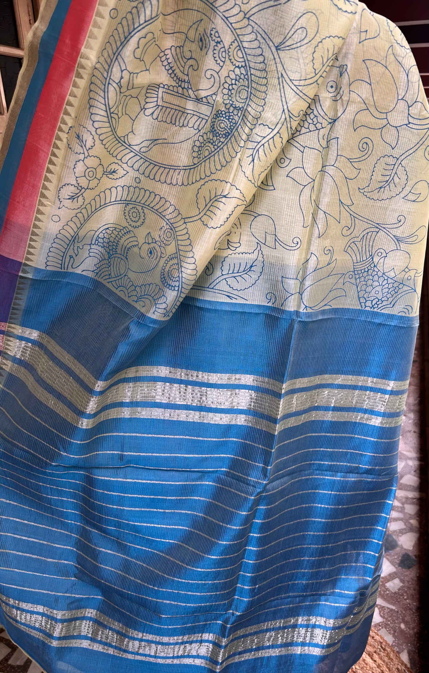 Lime Green Screen Printed Mangalagiri Pattu Saree