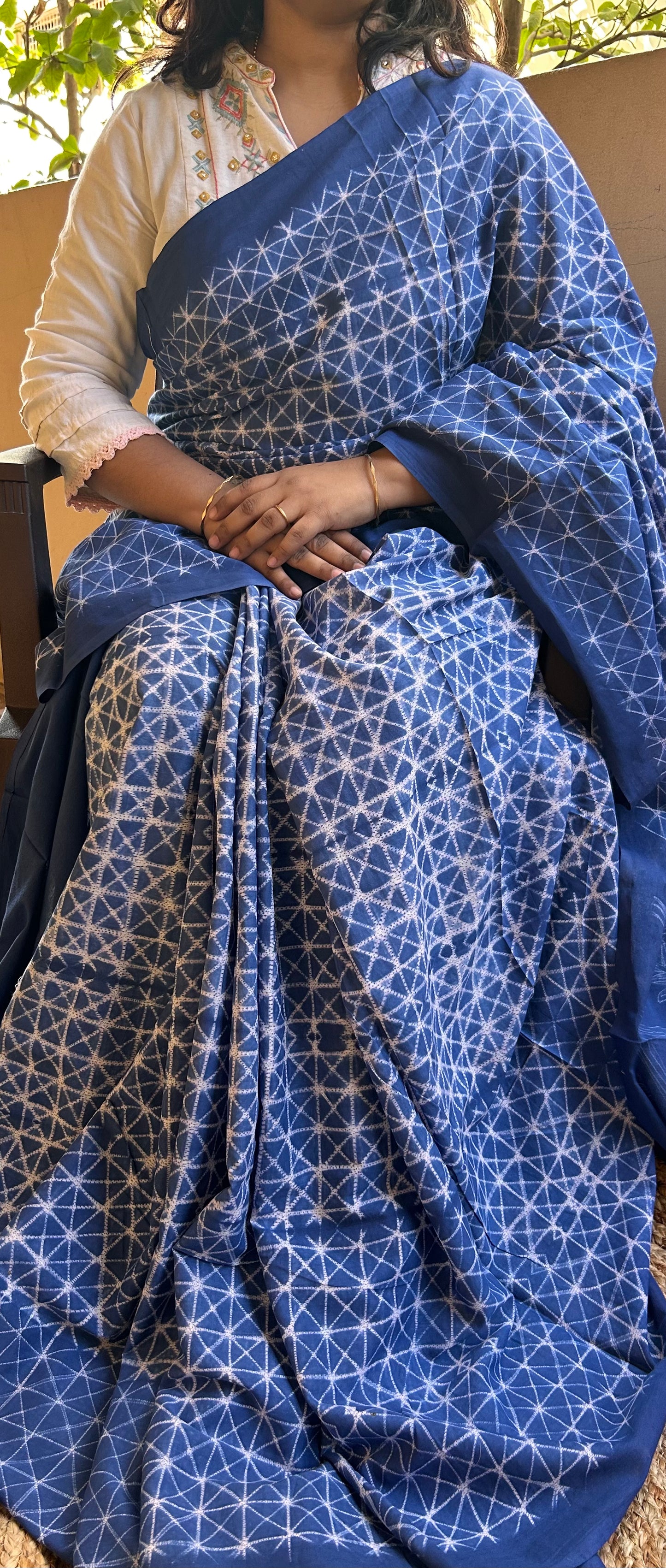 Navy Blue Needle Shibori Mul Cotton Saree