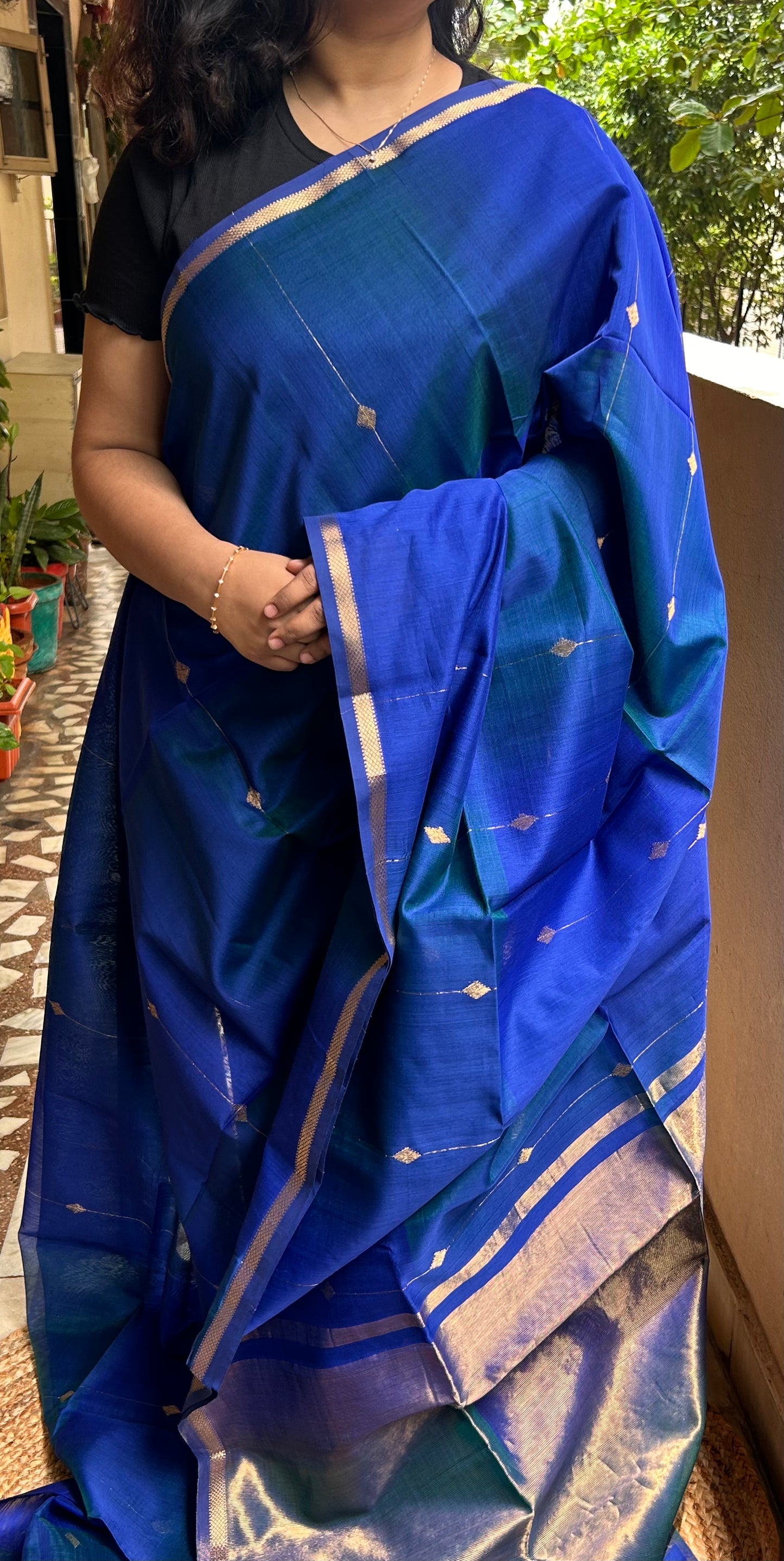 Peacock Blue Maheswari Silk Cotton Handloom Saree