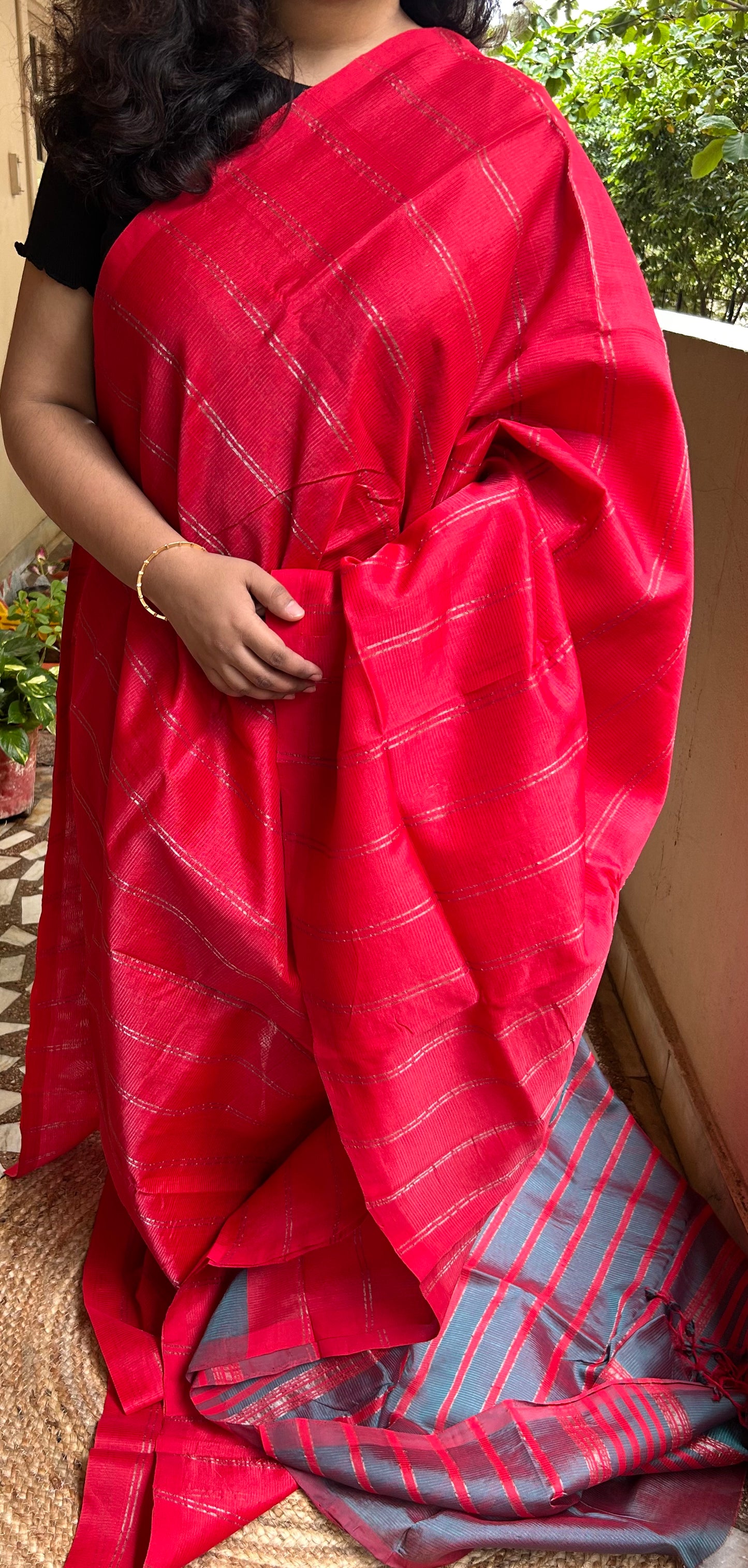 Red & Green Mangalagiri Pattu Saree with Silver Zari Lines