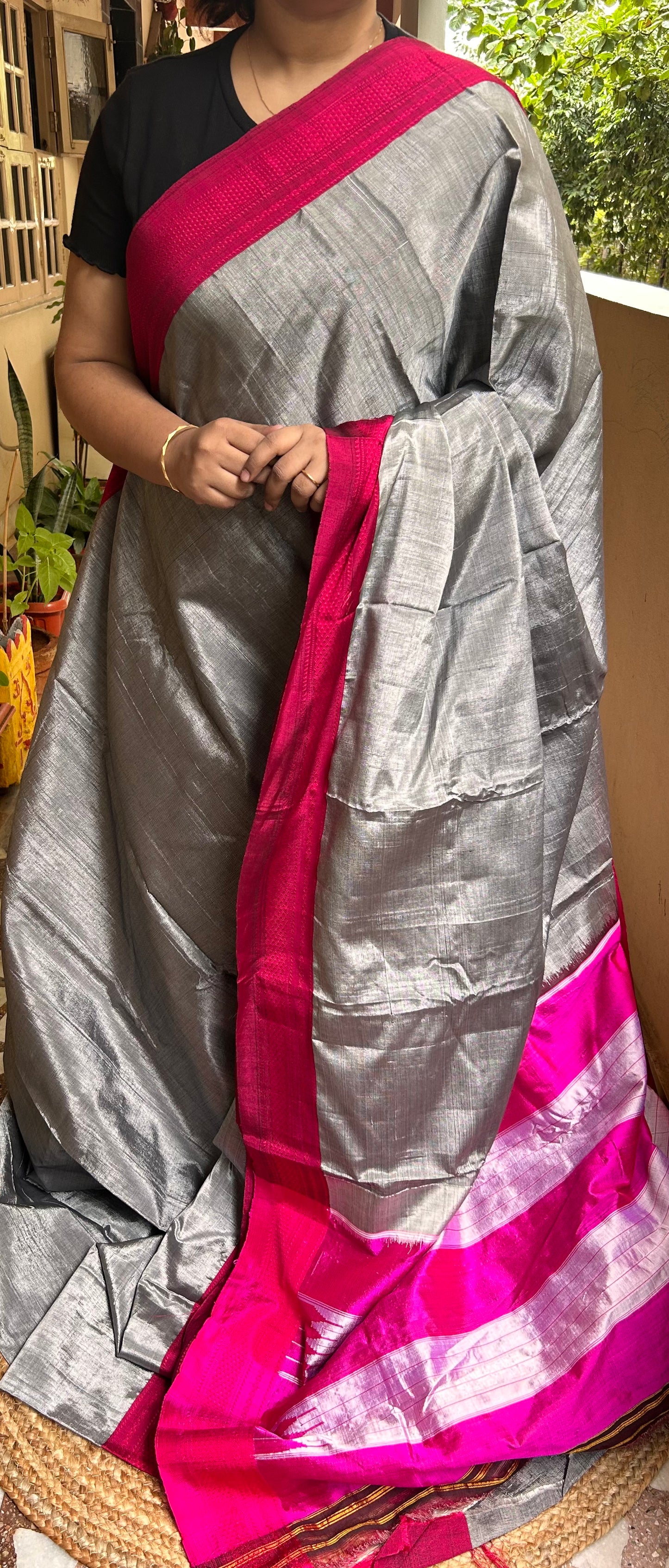 Gray & Pink Viscose Cotton Illkal Saree ( Pure silk Pallu )