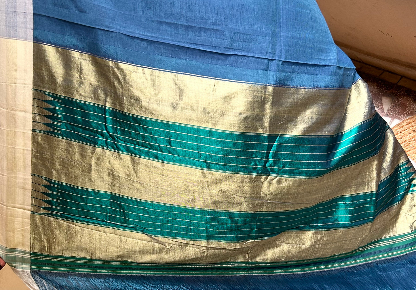 Blue & Gray Viscose Cotton Illkal Saree ( Pure silk Pallu )