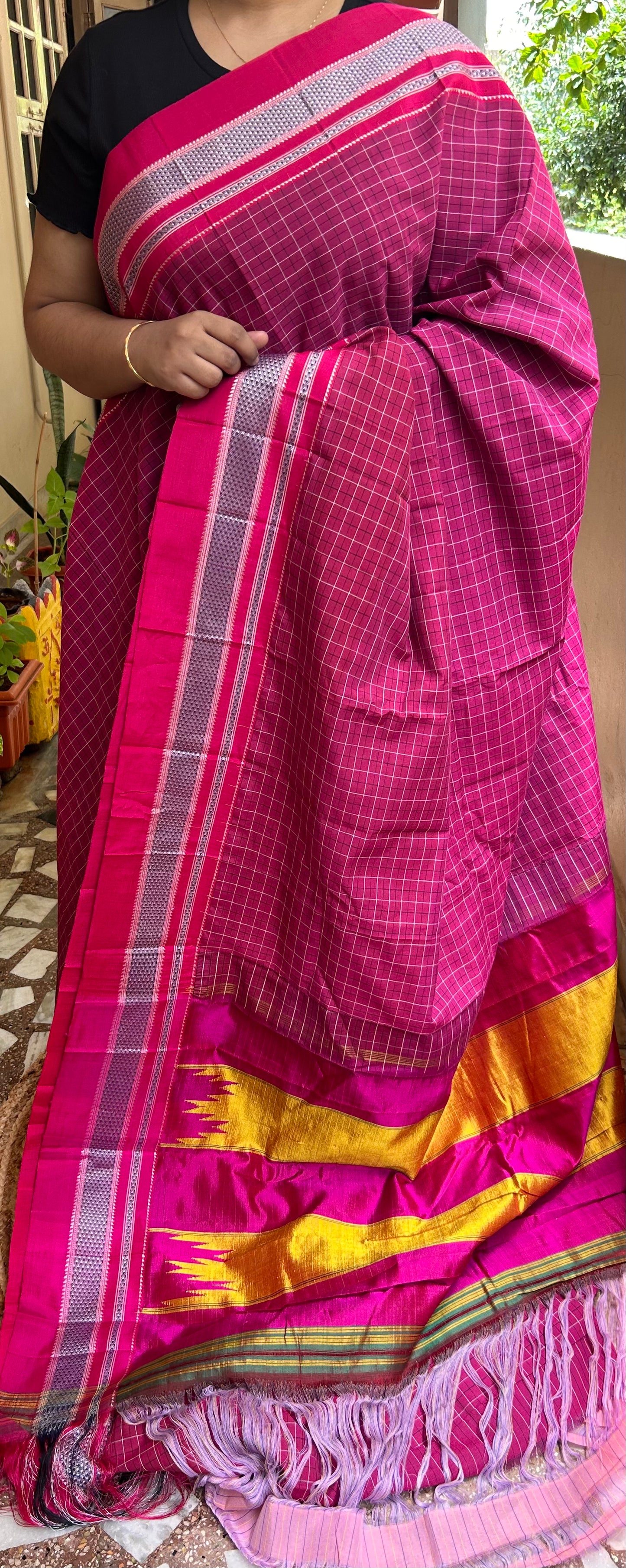 Magenta Cotton Illkal Saree ( Pure silk Pallu )