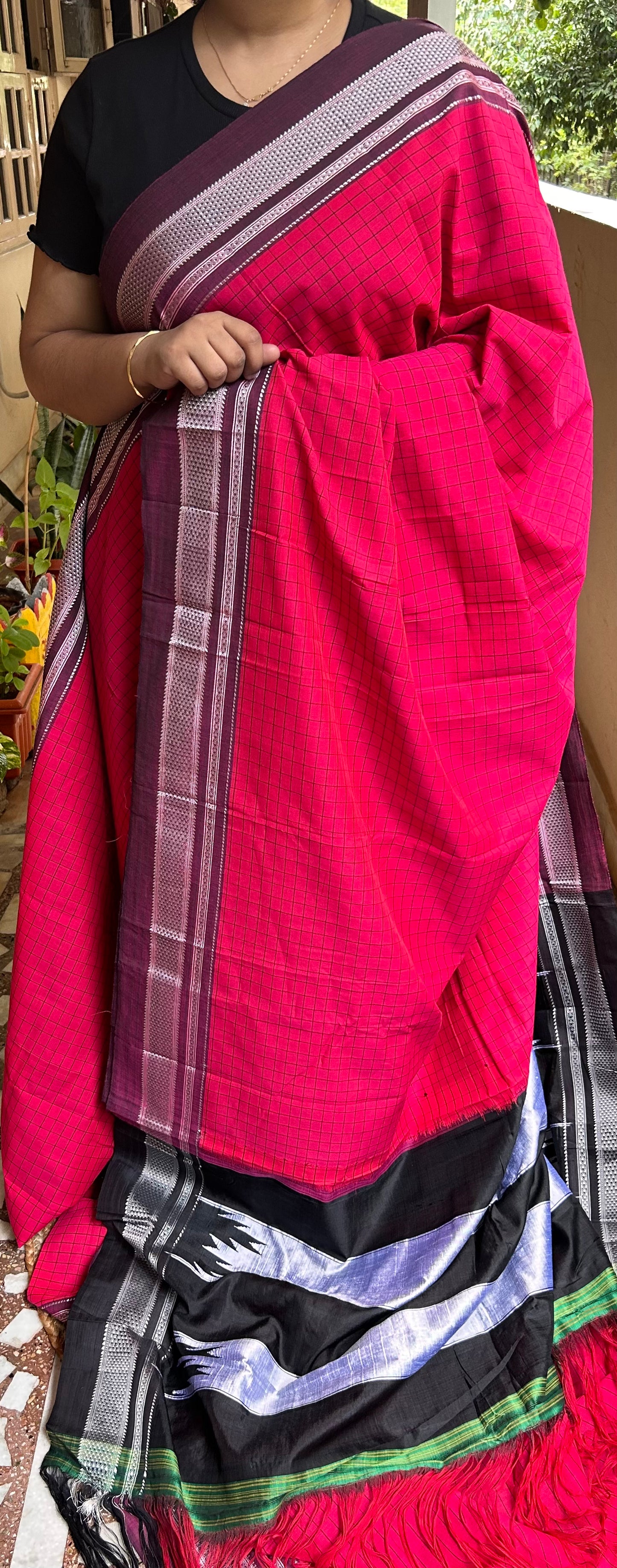 Pinkish Red Cotton Illkal Saree ( Pure silk Pallu )