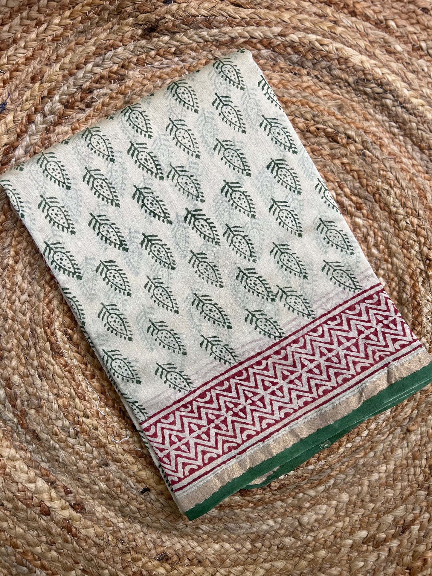 Beige & Green Handblock-Printed Chanderi Saree