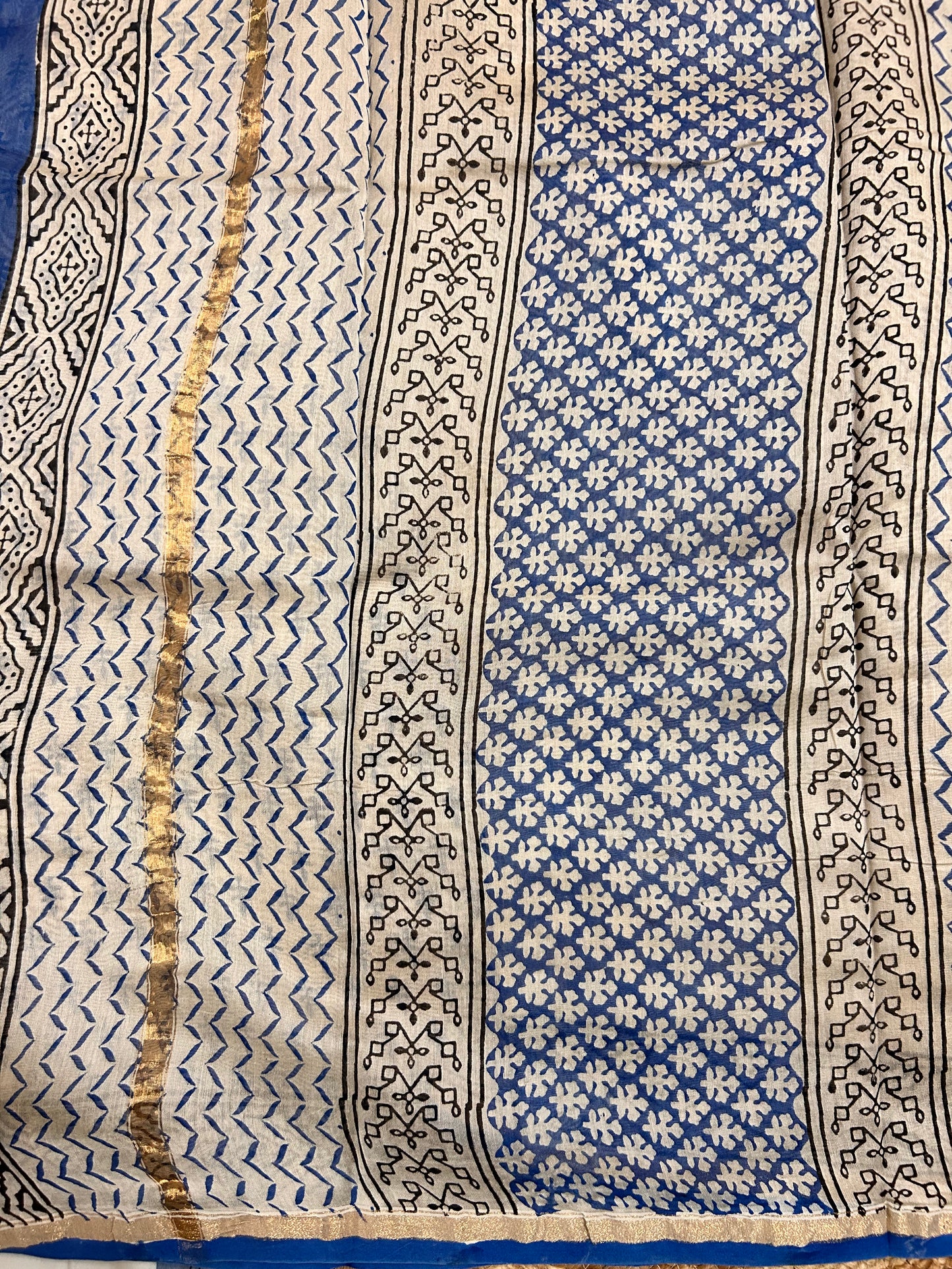 Beige & Blue Handblock-Printed Chanderi Saree