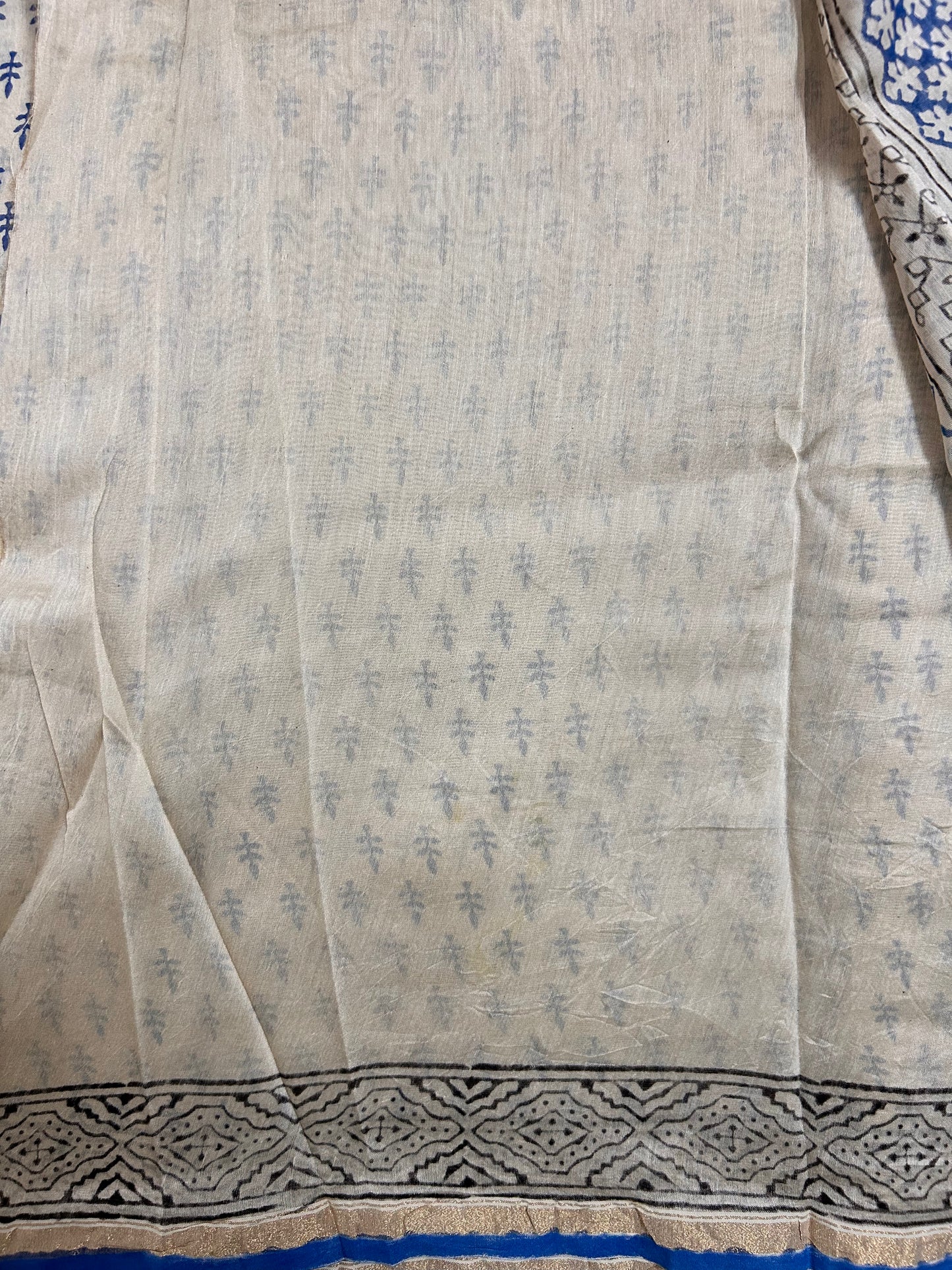 Beige & Blue Handblock-Printed Chanderi Saree