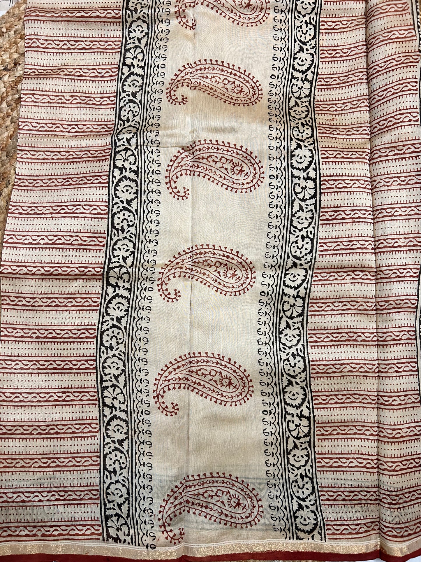 Beige & Maroon Handblock-Printed Chanderi Saree