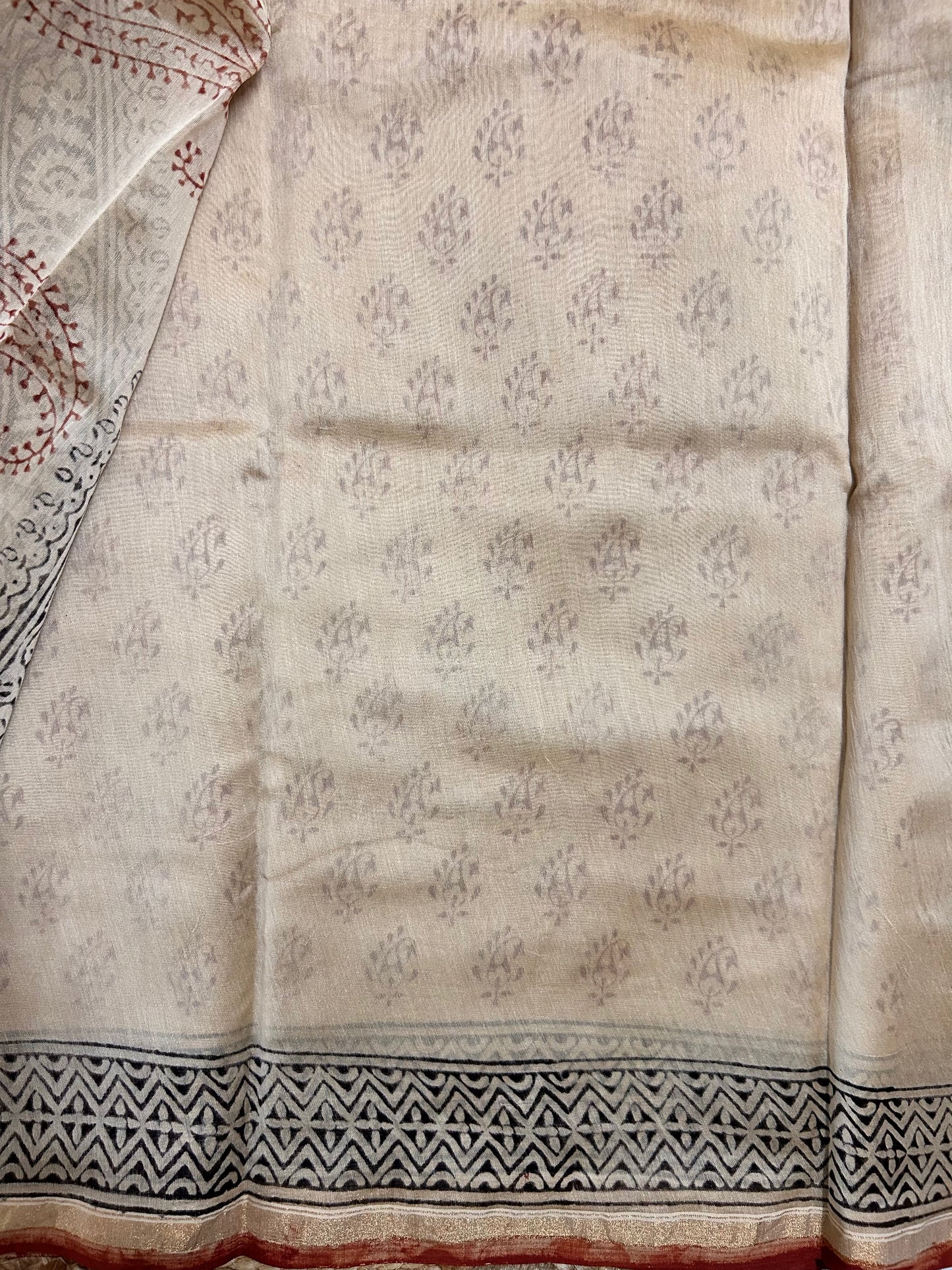 Beige & Maroon Handblock-Printed Chanderi Saree