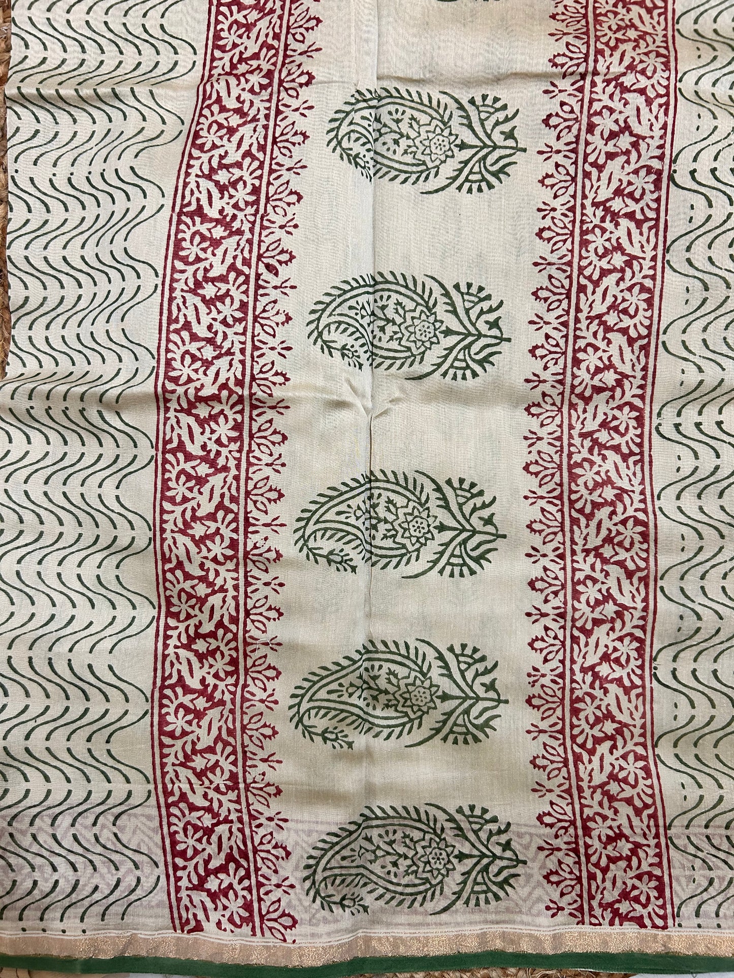 Beige & Green Handblock-Printed Chanderi Saree