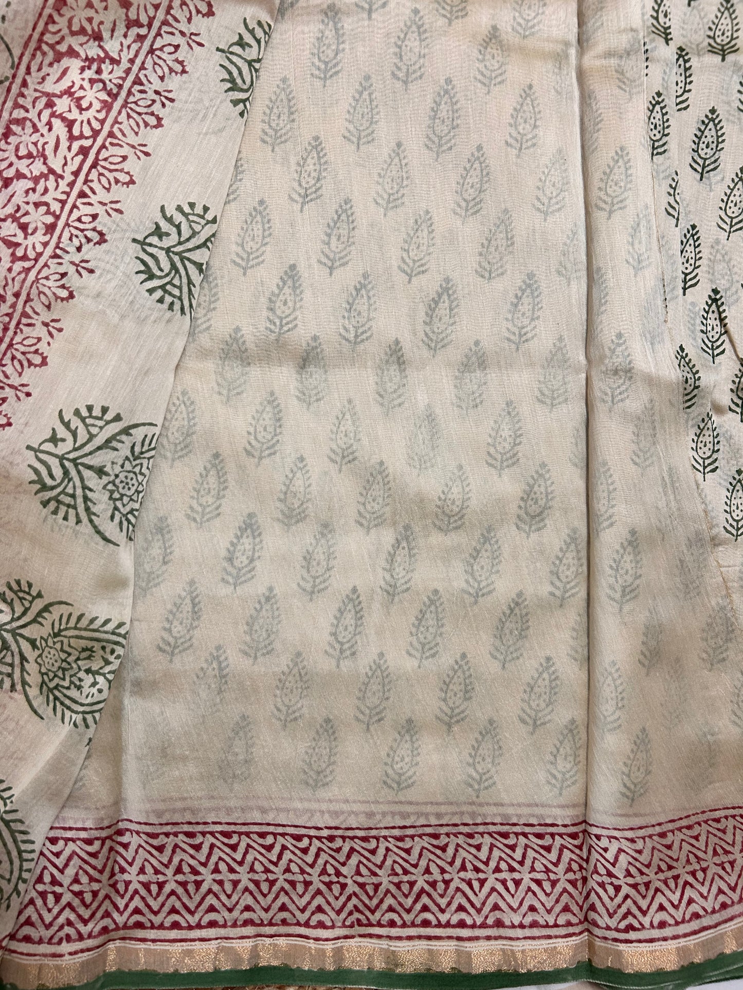 Beige & Green Handblock-Printed Chanderi Saree