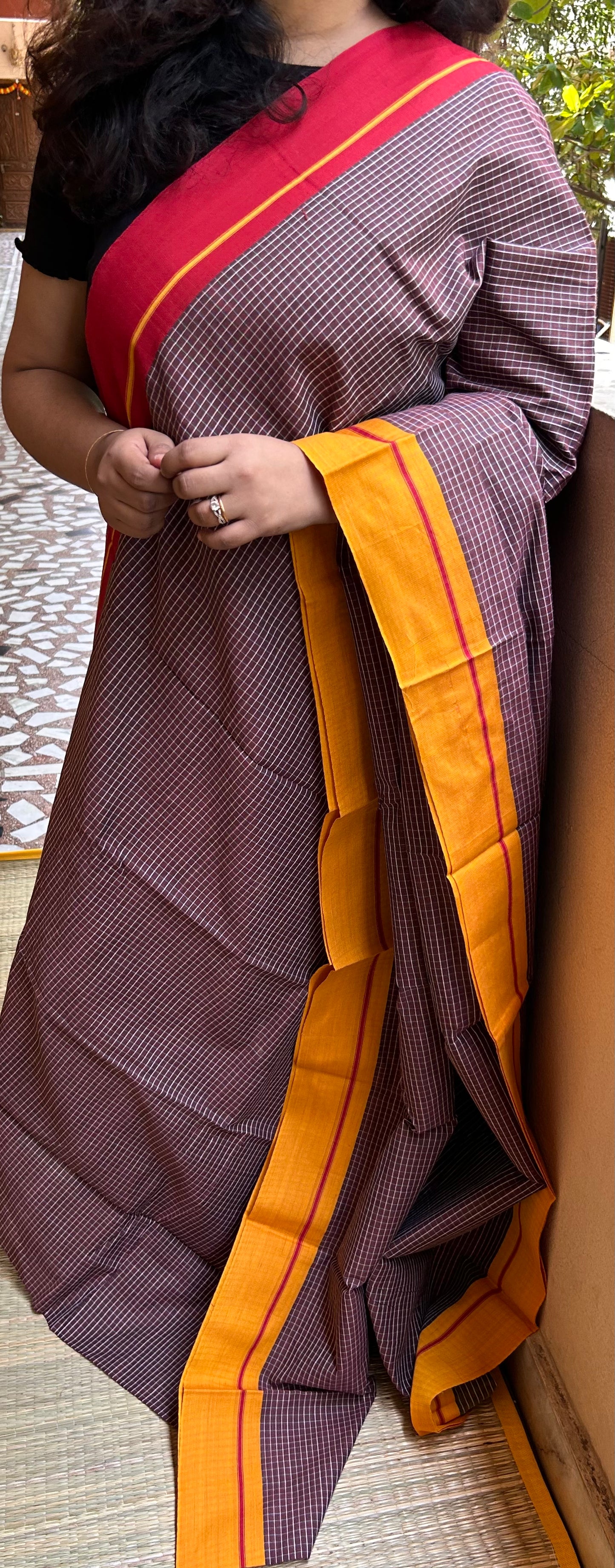 Brown with Red and Yellow Ganga Jamuna borders Patteda Anchu Saree