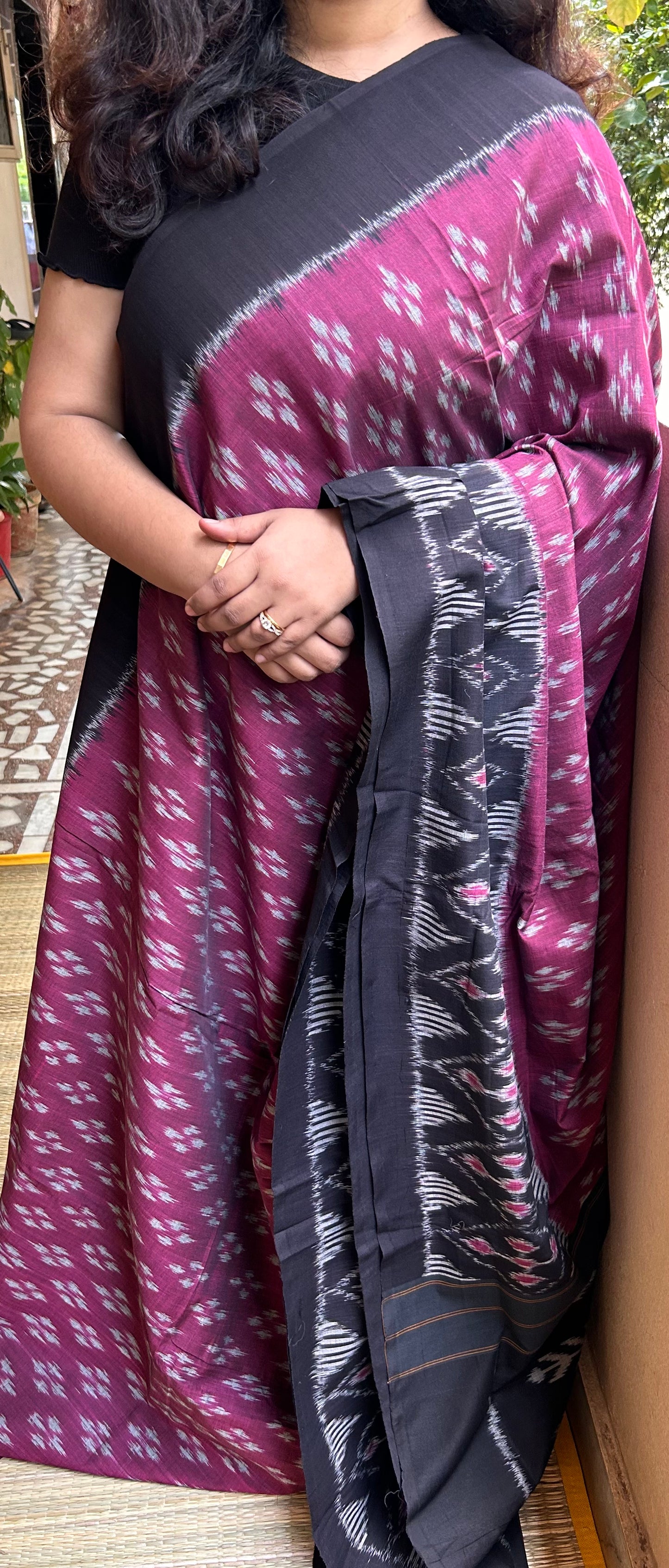 Magenta & Black Pochampally Ikkat Cotton Saree