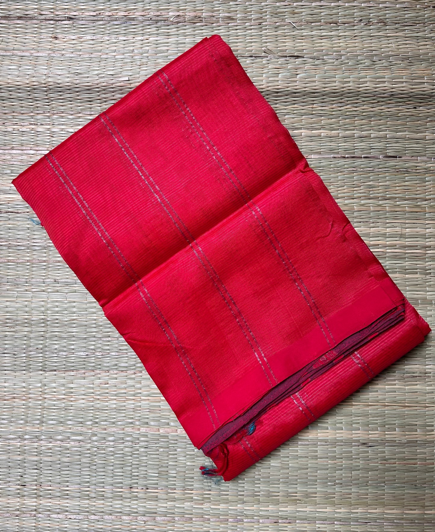Red & Green Mangalagiri Pattu Saree with Silver Zari Lines