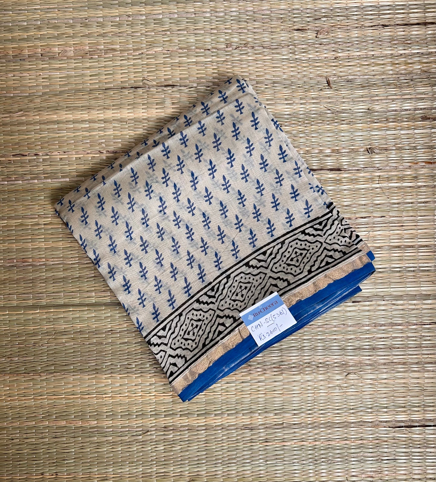 Beige & Blue Handblock-Printed Chanderi Saree