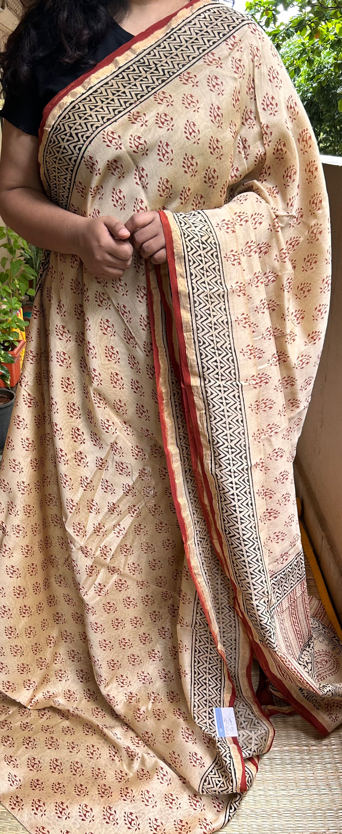 Beige & Rust Handblock-Printed Chanderi Saree