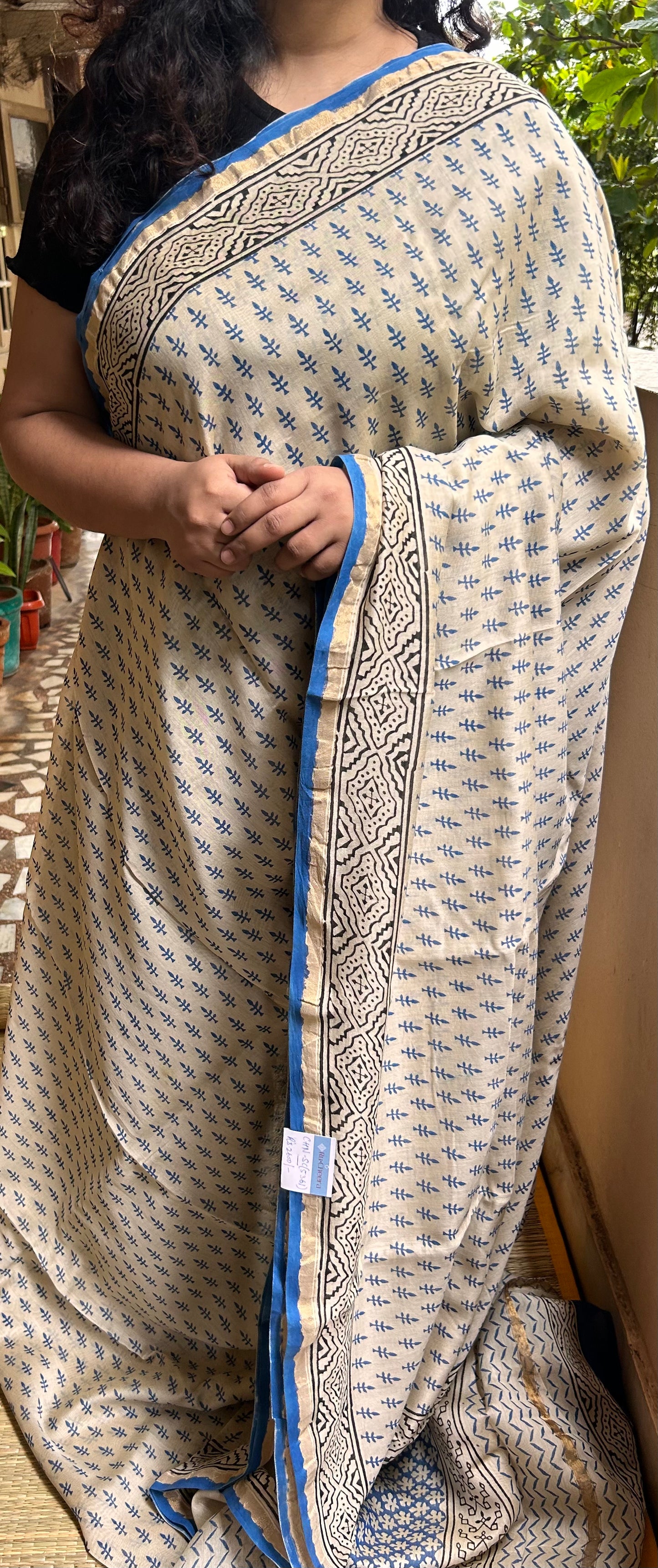 Beige & Blue Handblock-Printed Chanderi Saree