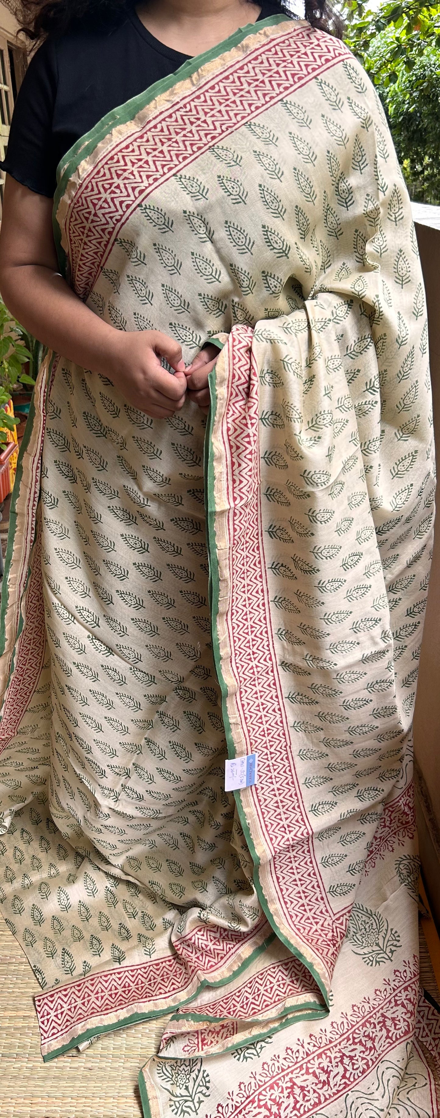 Beige & Green Handblock-Printed Chanderi Saree