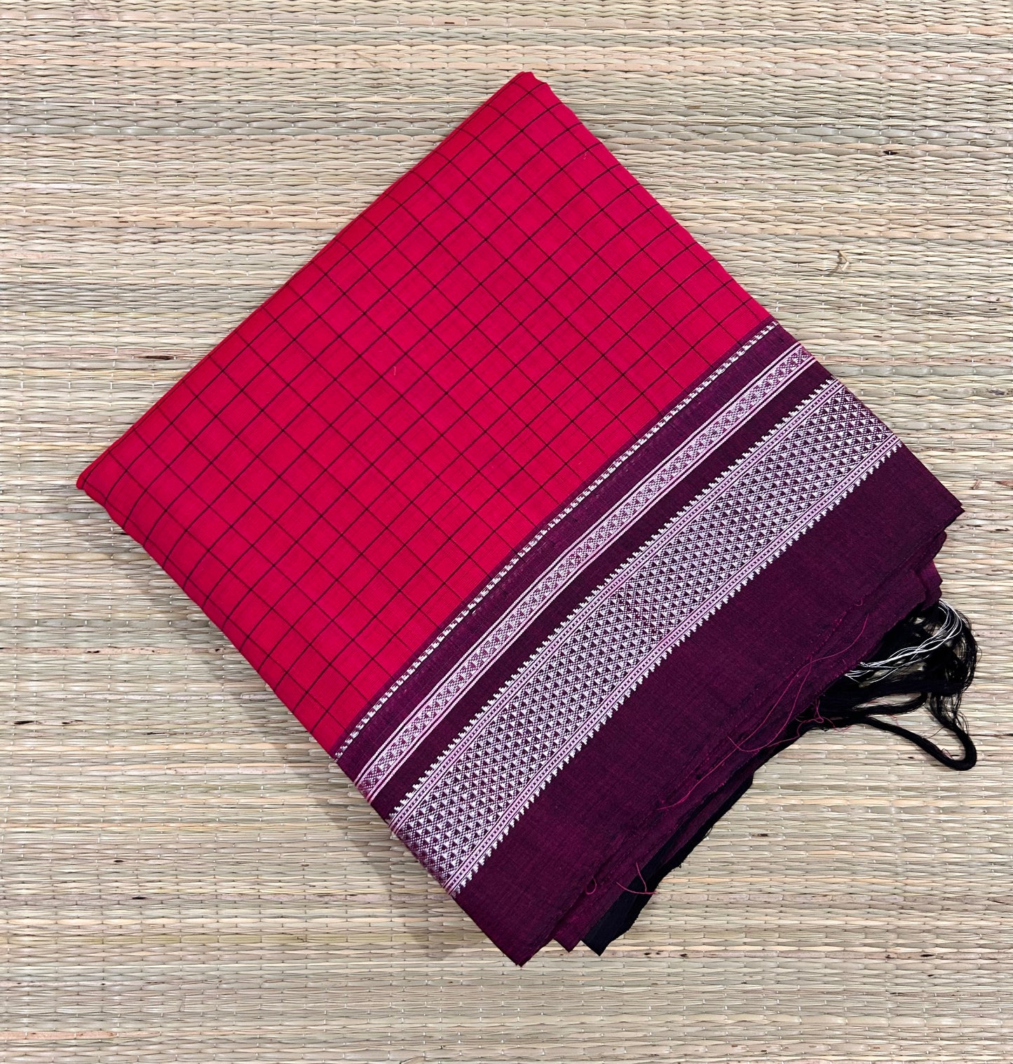 Pinkish Red Cotton Illkal Saree ( Pure silk Pallu )