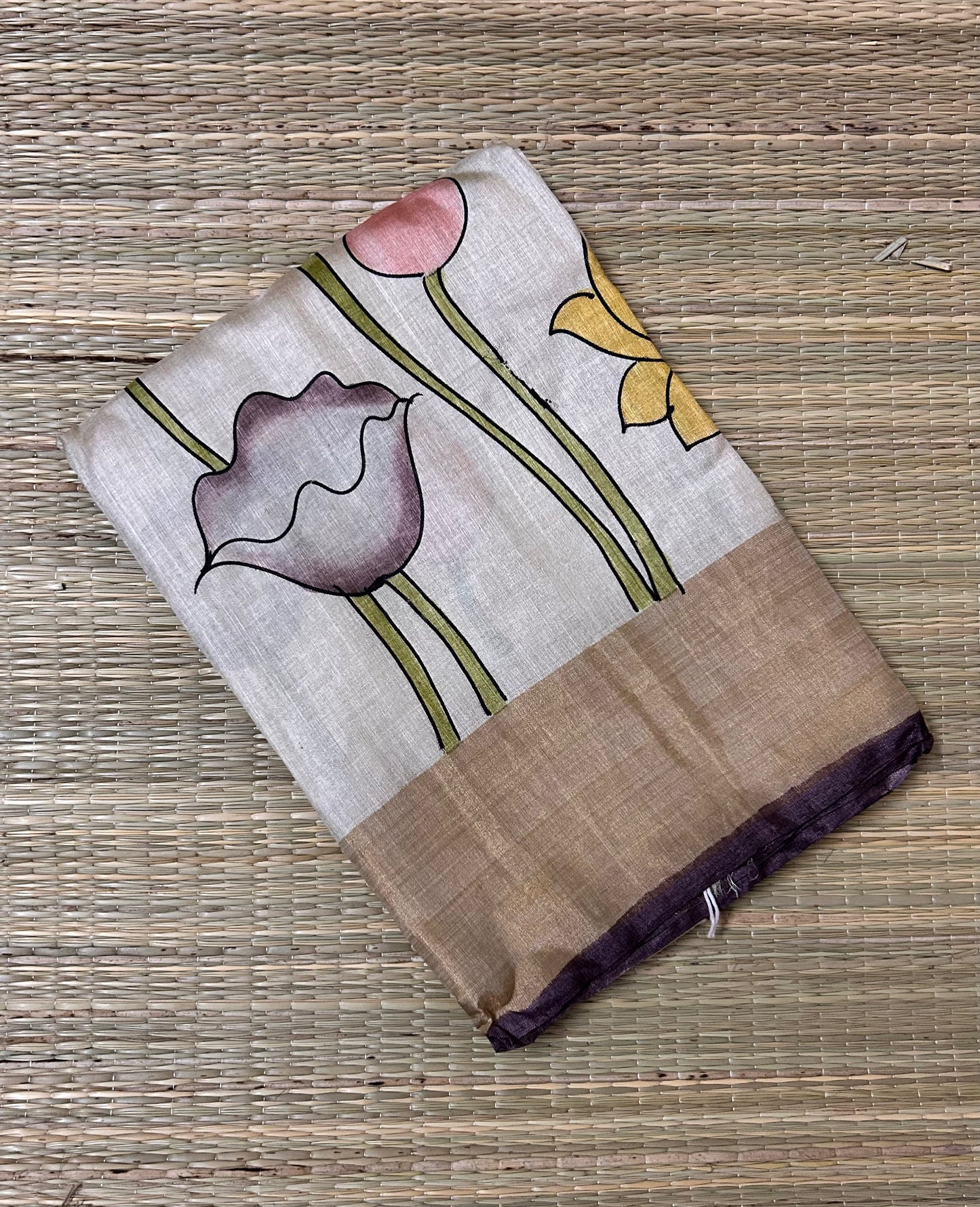 Beige Pure Tussar silk saree in Handpainted Pichwai Design