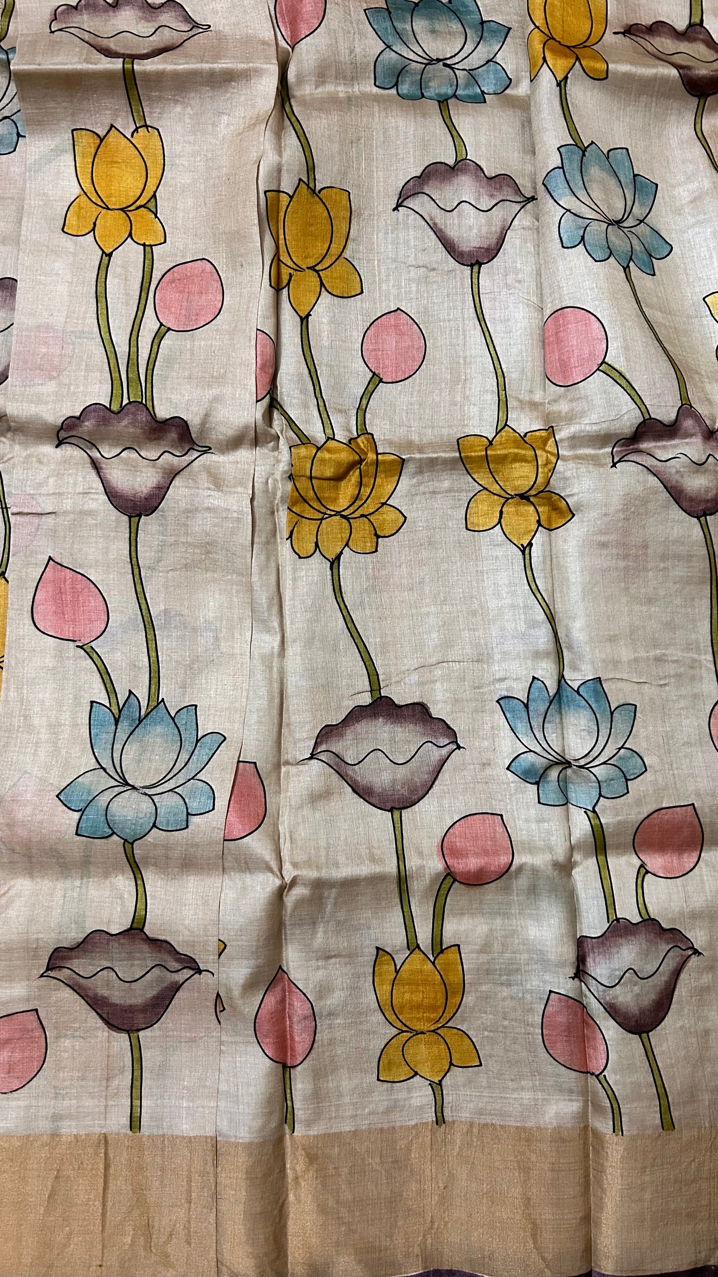 Beige Pure Tussar silk saree in Handpainted Pichwai Design