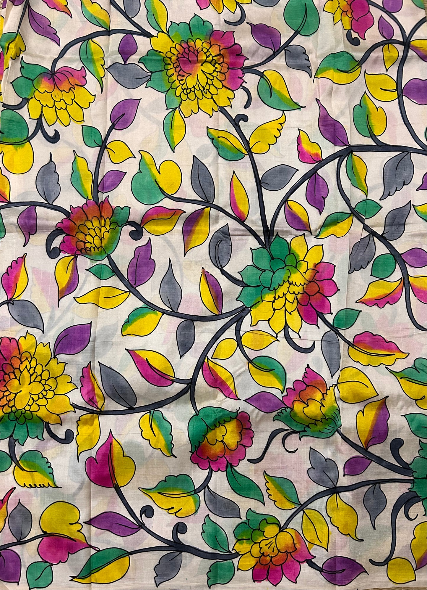 Beige Bishapuri Silk Saree in Handpainted Kalamkari Design