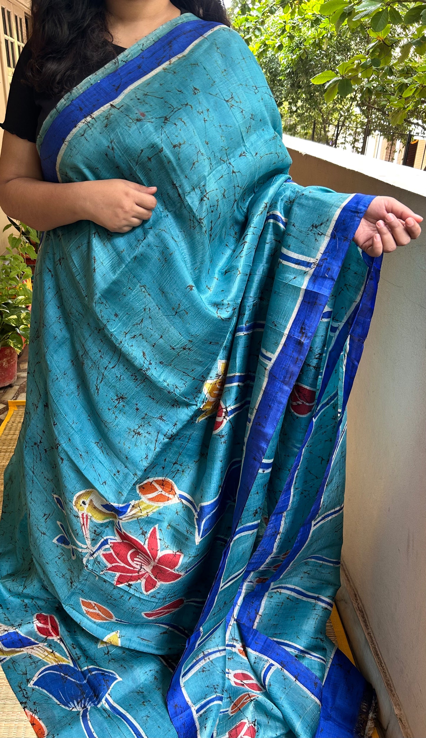 Teal Blue Bishapuri Silk Saree in Hand Wax Batik