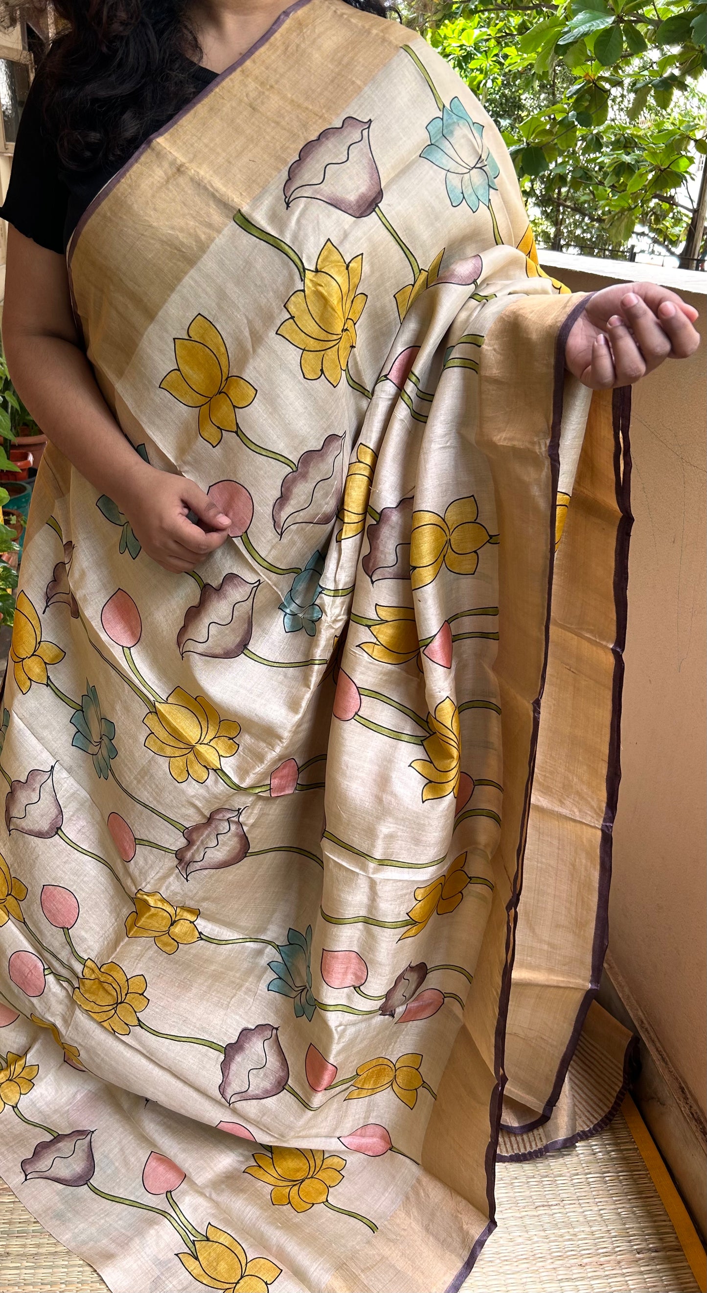 Beige Pure Tussar silk saree in Handpainted Pichwai Design