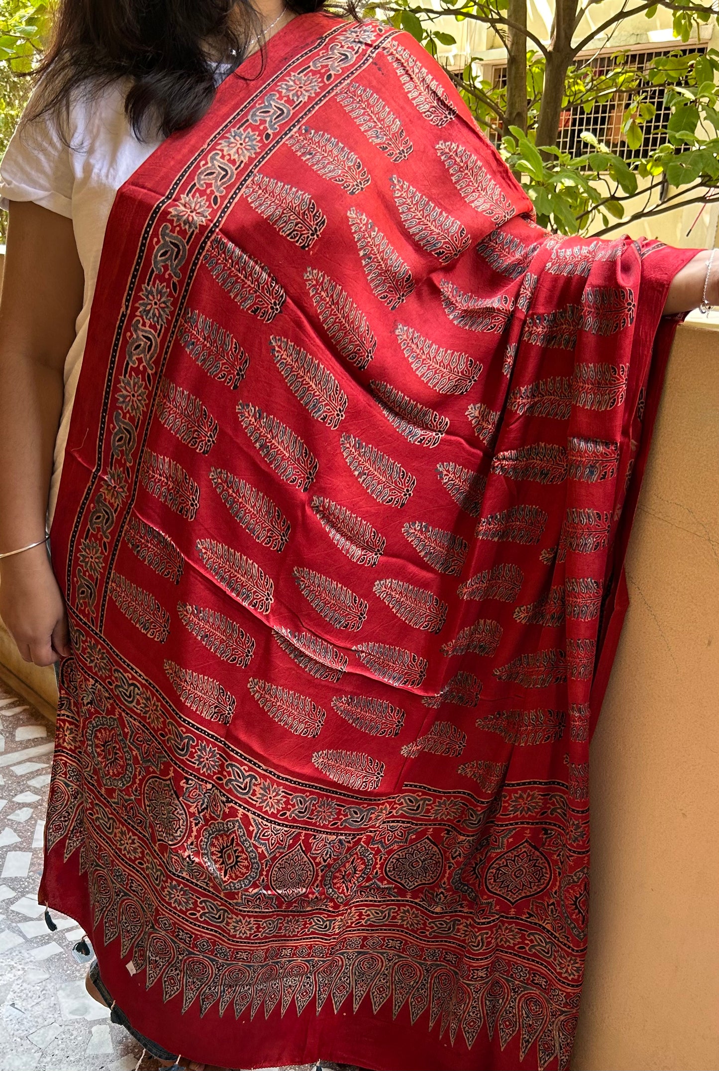 Red Ajrakh Modal Silk Handblock printed Dupatta