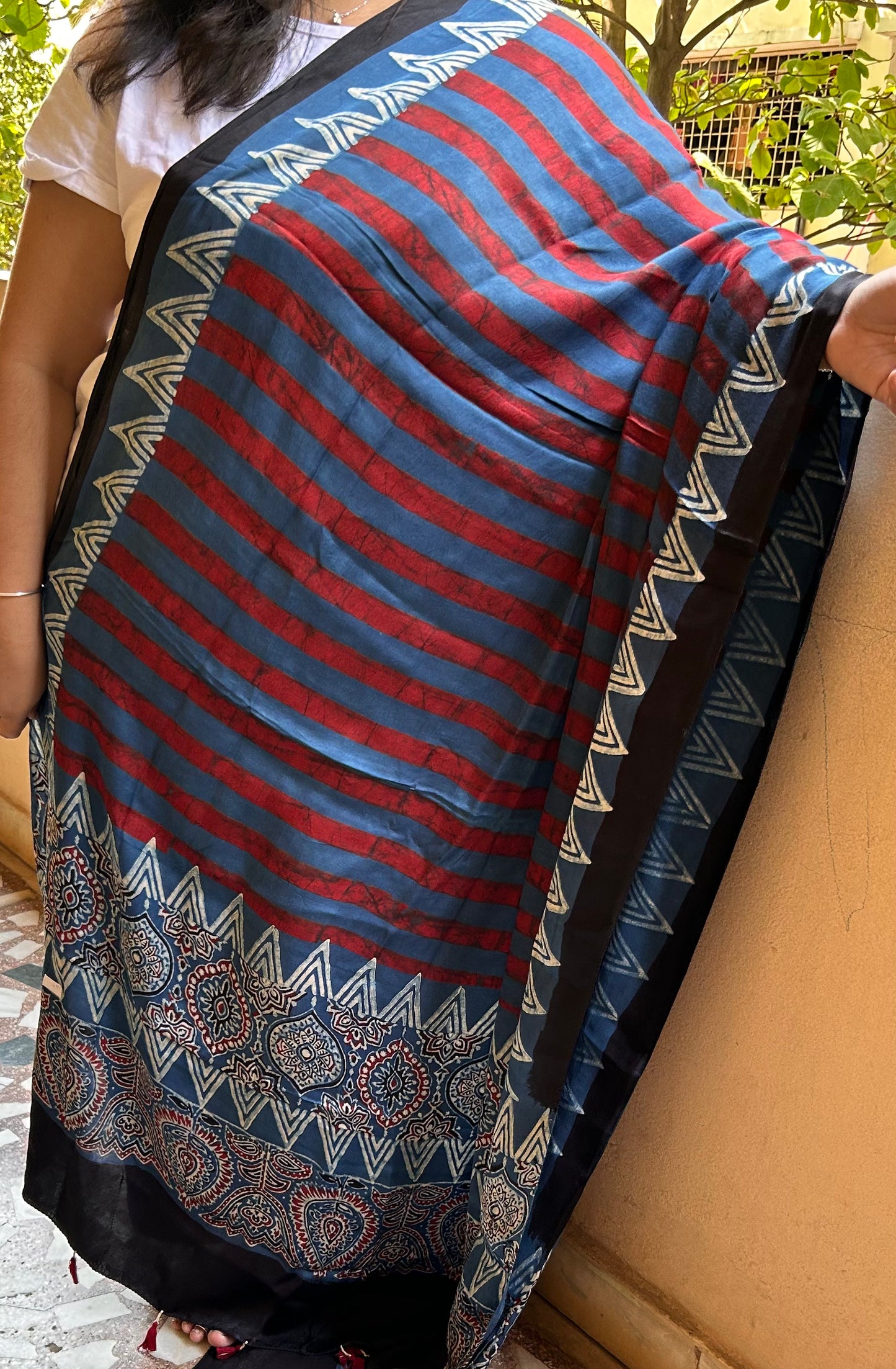Striped Ajrakh Modal Silk Handblock printed Dupatta