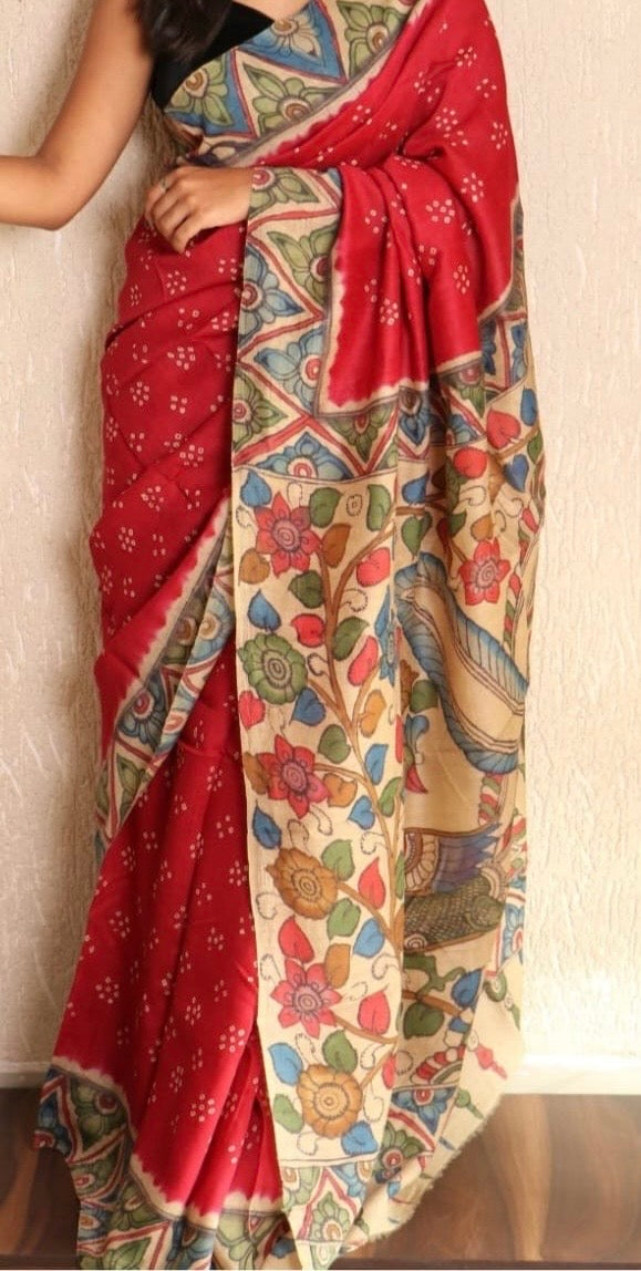 Red & Beige Pure Bishanpuri Silk Saree