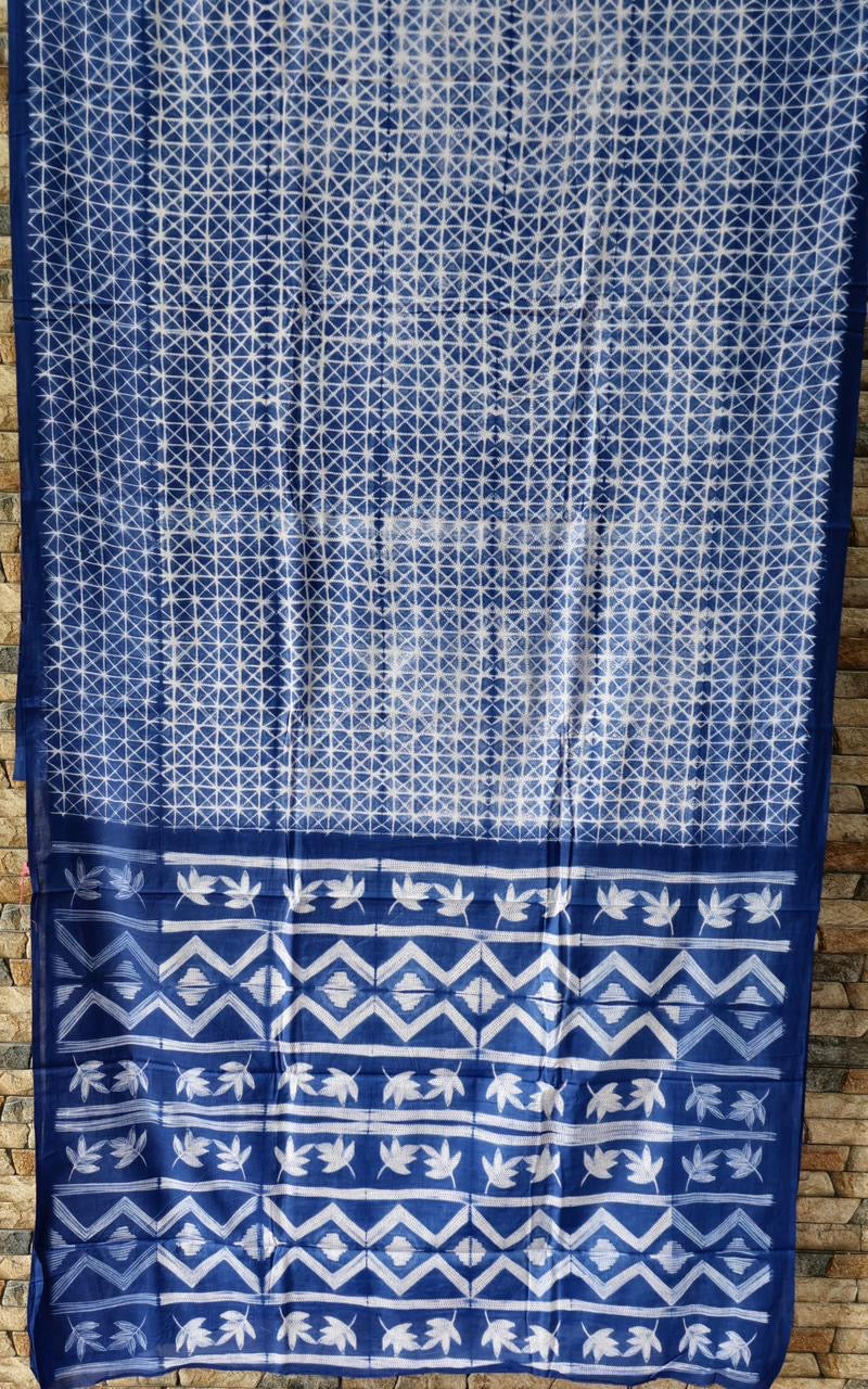 Navy Blue Needle Shibori Mul Cotton Saree