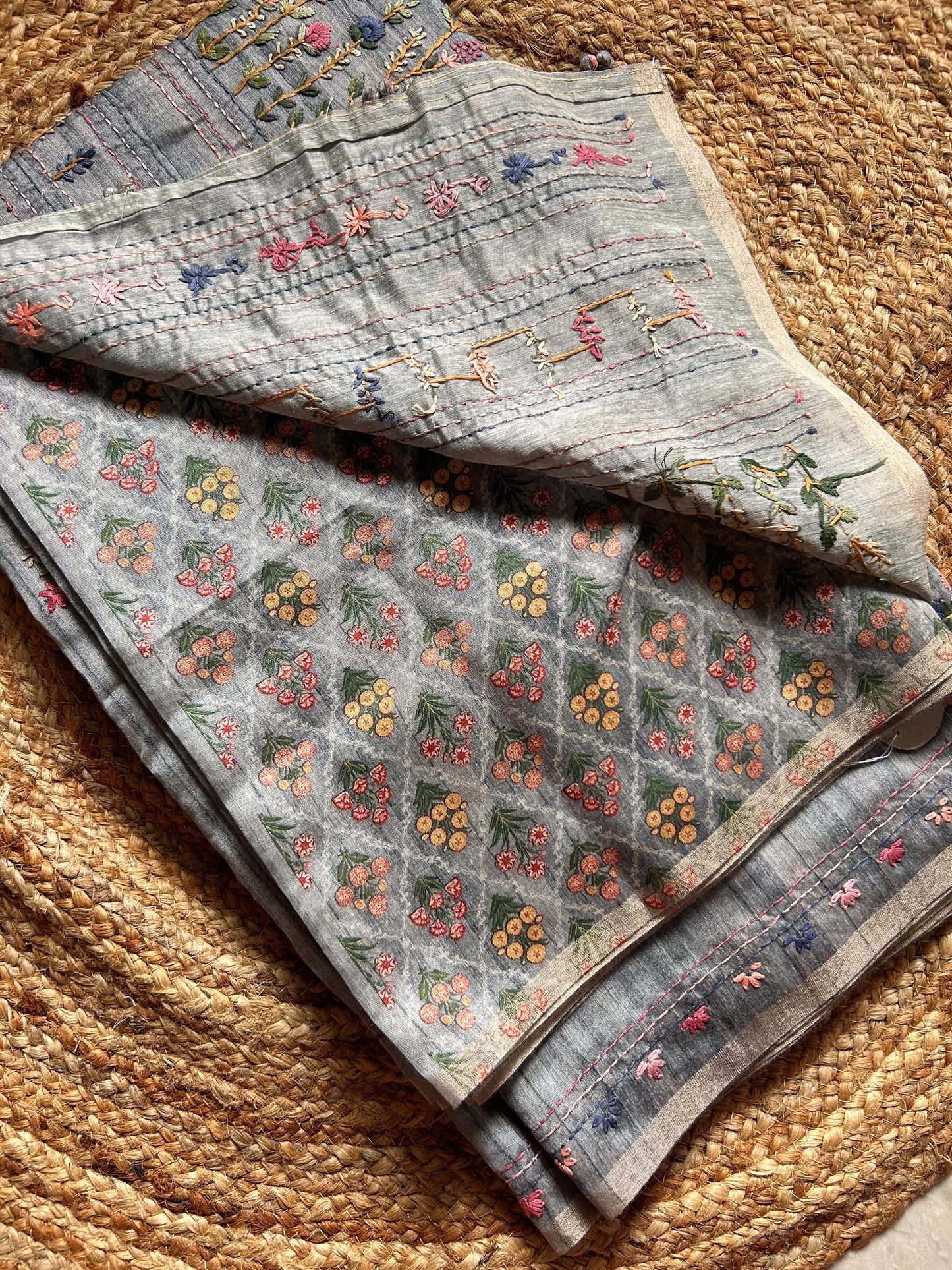 Dusty Gray Blended Tussar Saree with Parsi Bullion Knot work
