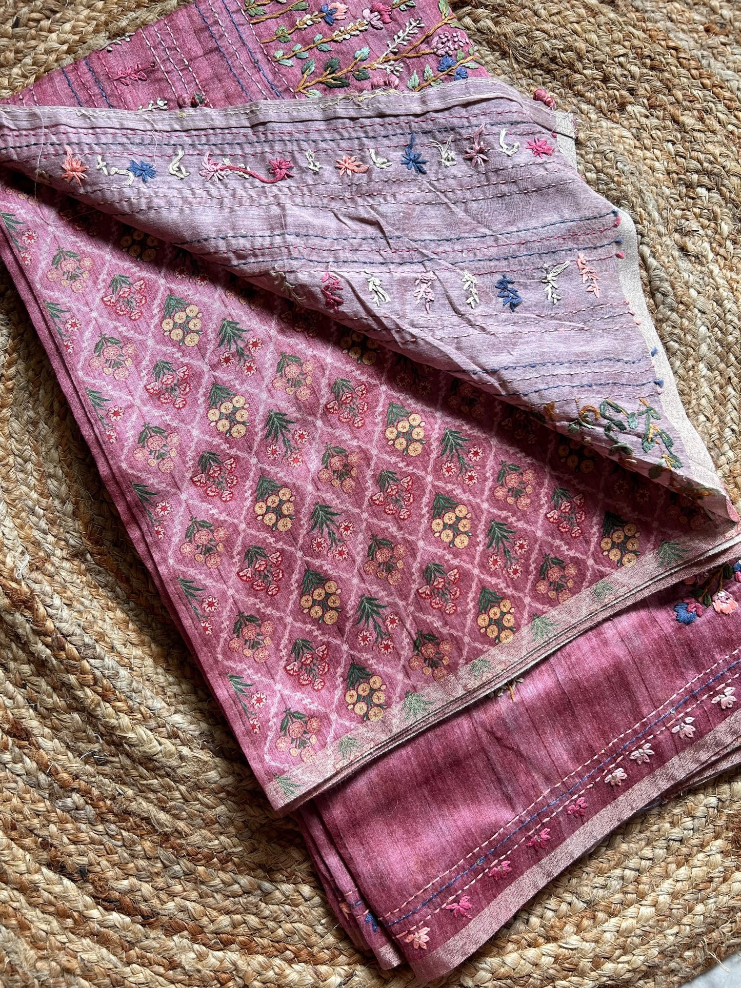 Dusty Pink Blended Tussar Saree with Parsi Bullion Knot work