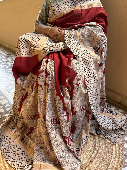 Maroon & Beige Kalamkari Saree in Chennuri Silk