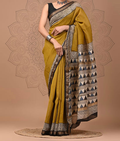 Mustard Yellow Maheshwari Silk Cotton Saree