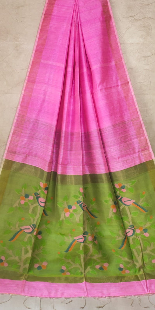 Pink & Green Matka Muslin Jamdani Saree