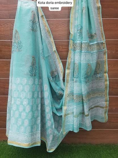 Pastel Green Kota Doria Embroidery Saree